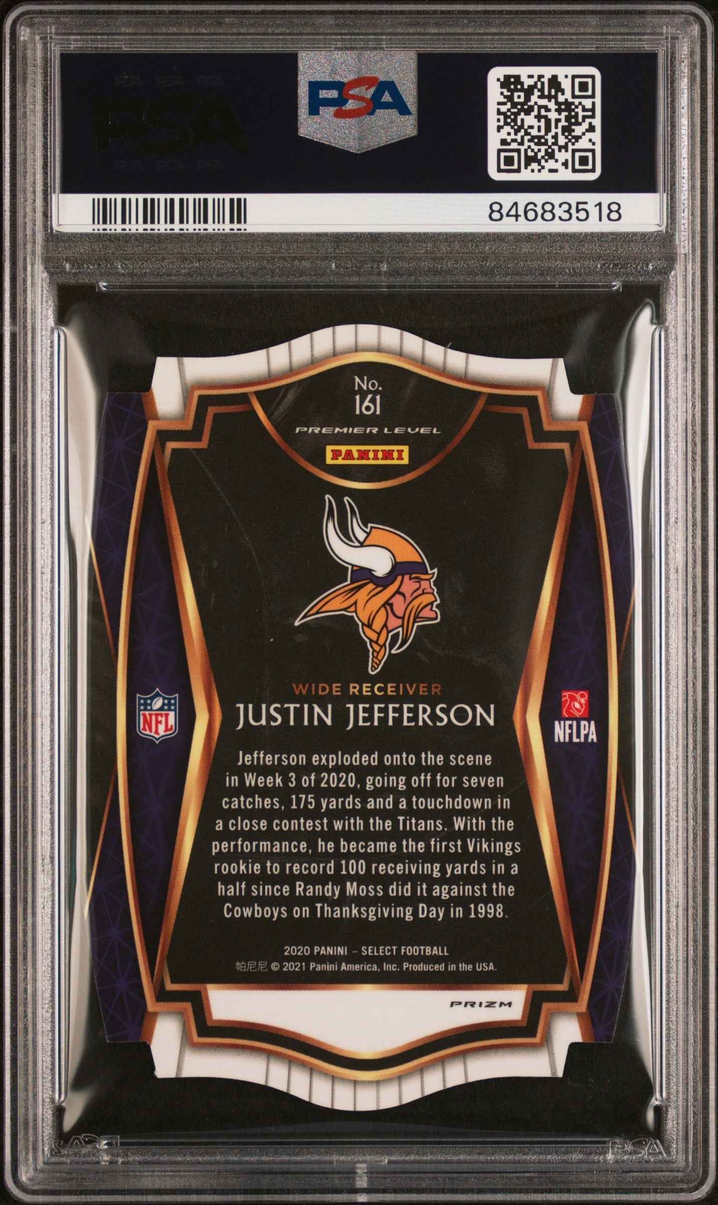 Graded 2020 Panini Select Justin Jefferson #161 Die Cut White Prizm Rookie RC Football Card PSA 10 Gem Mint