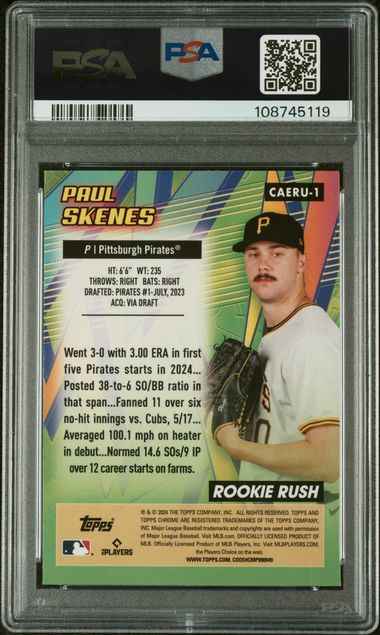 Graded 2024 Topps Chrome Update Paul Skenes #1 /99 All Etch Rookie Rush Green Refractor Rookie RC Baseball Card PSA 10 Gem Mint