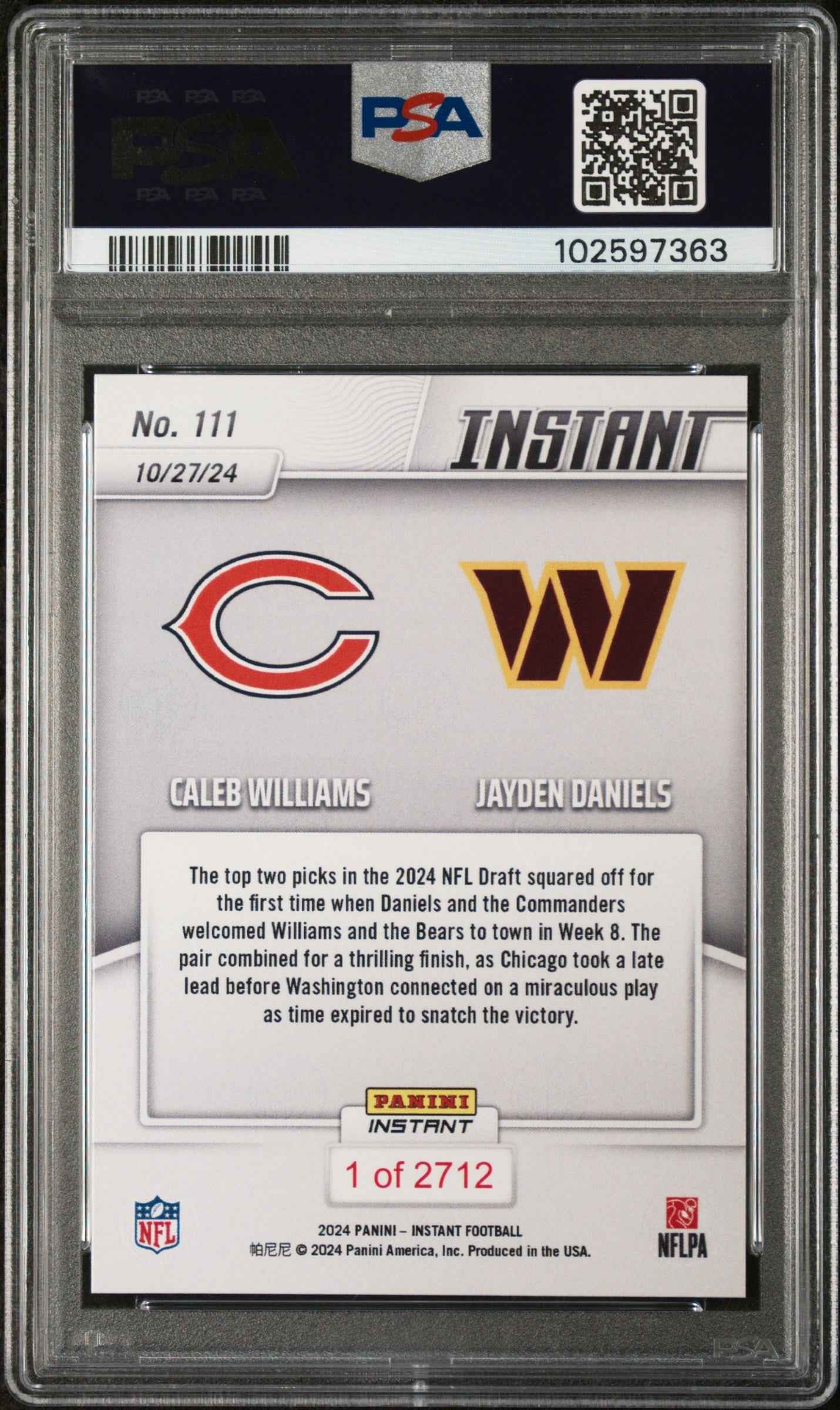 Graded 2024 Panini Instant NFL Jayden Daniels/Caleb Williams #111 Rookie RC Football Card PSA 8 Near Mint