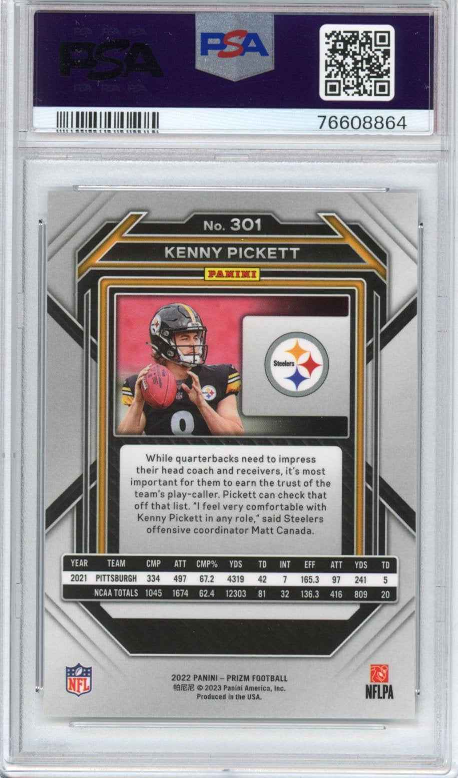 Graded 2022 Panini Prizm Kenny Pickett #301 Rookie RC Football Card PSA 10 Gem Mint
