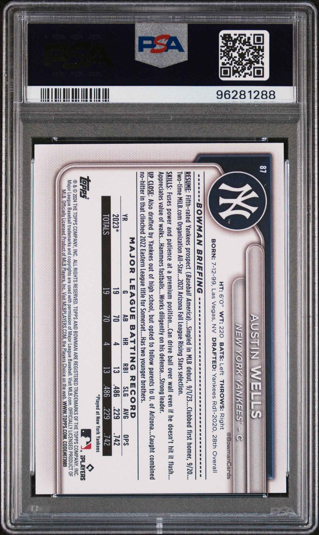 Graded 2024 Topps Bowman Austin Wells #87 Sky Blue /499 Rookie RC Baseball Card PSA 10 Gem Mint