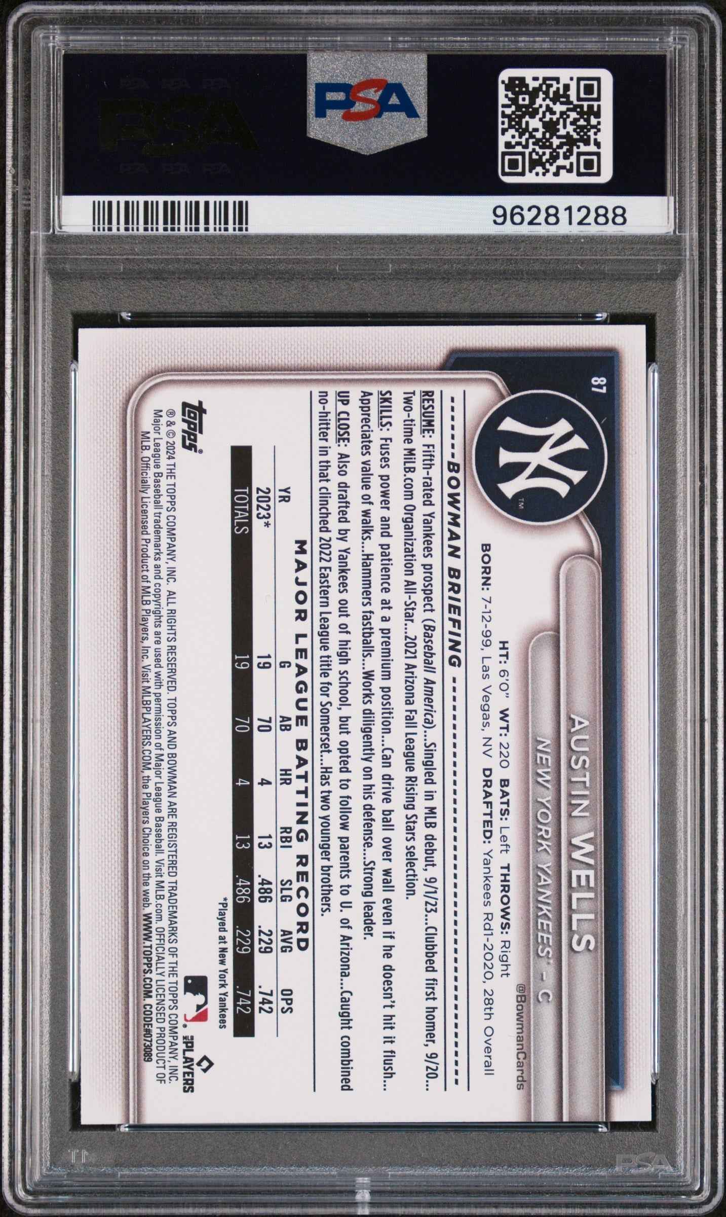 Graded 2024 Topps Bowman Austin Wells #87 Sky Blue /499 Rookie RC Baseball Card PSA 10 Gem Mint