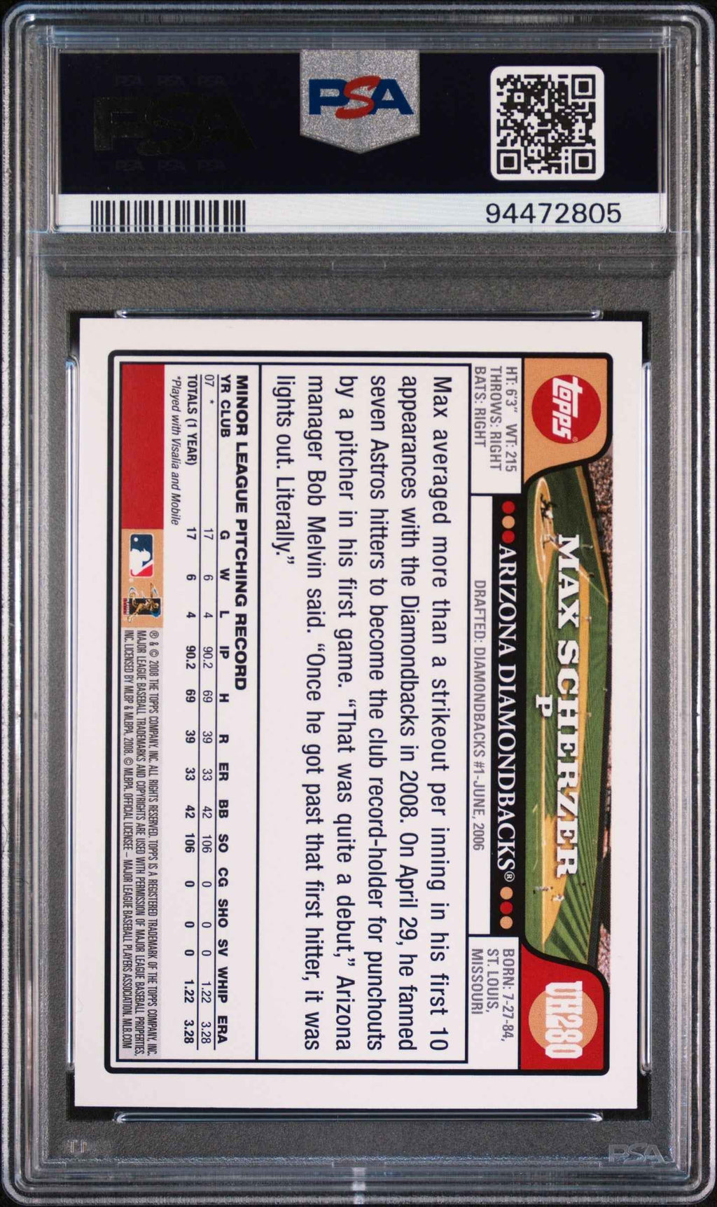 Graded 2008 Topps Update & Highlights Max Scherzer #UH280 Rookie RC Baseball Card PSA 10 Mint