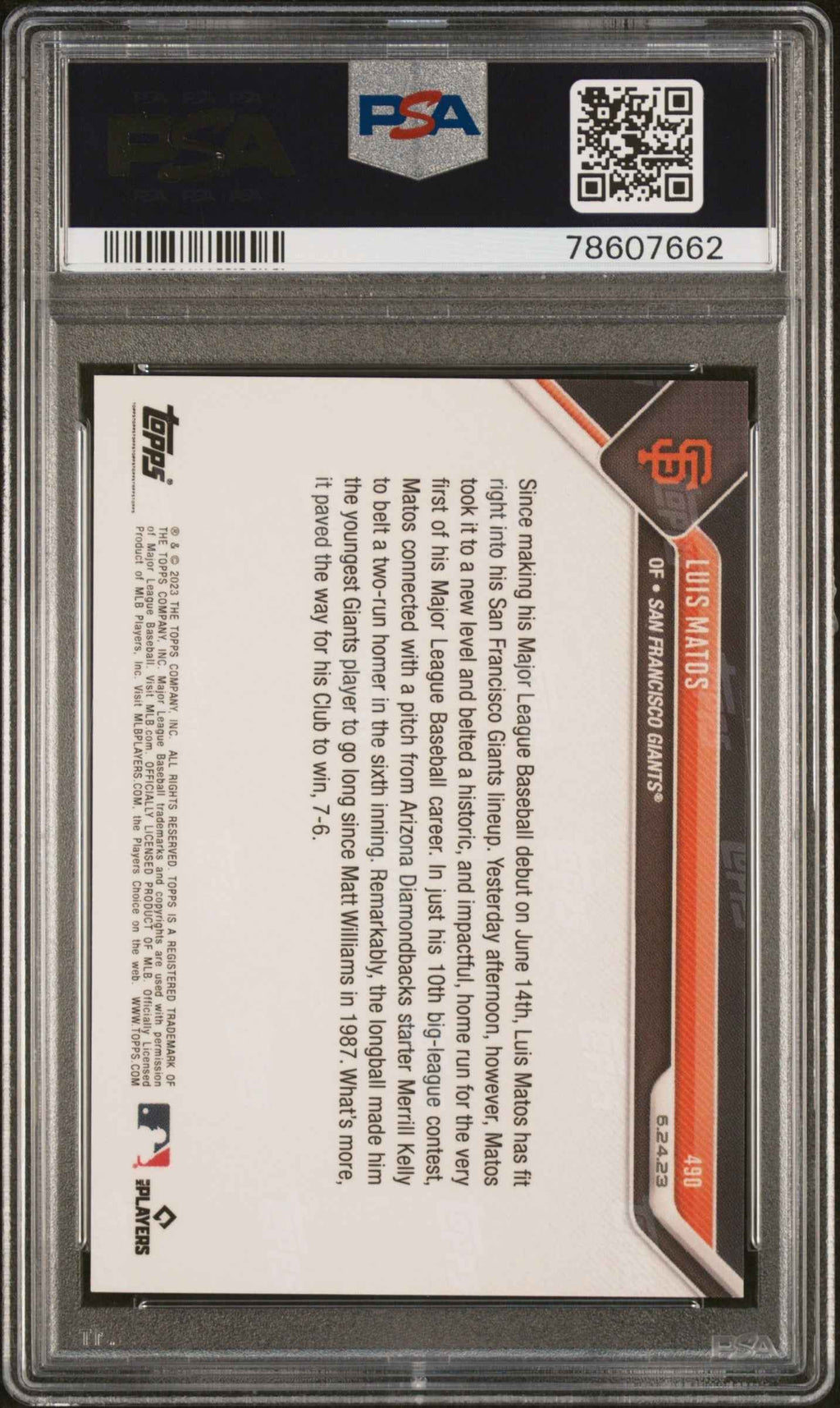 Graded 2023 Topps Now Luis Matos #490 Purple #/25 Rookie RC Baseball Card PSA 10 Gem Mint