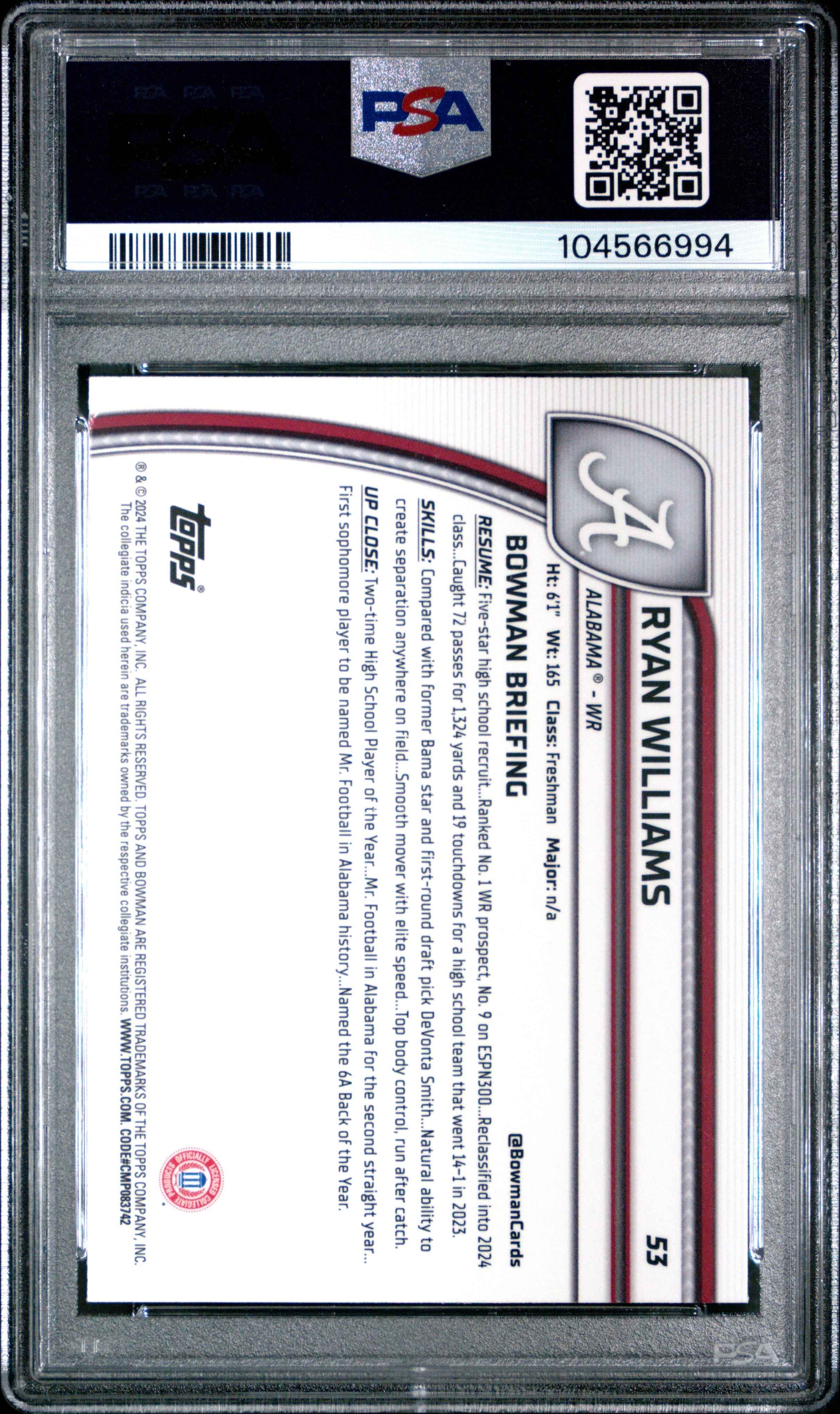 Graded 2024 Topps Bowman U Chrome University Ryan Williams #53 Rookie RC Football Card PSA 10 Gem Mint