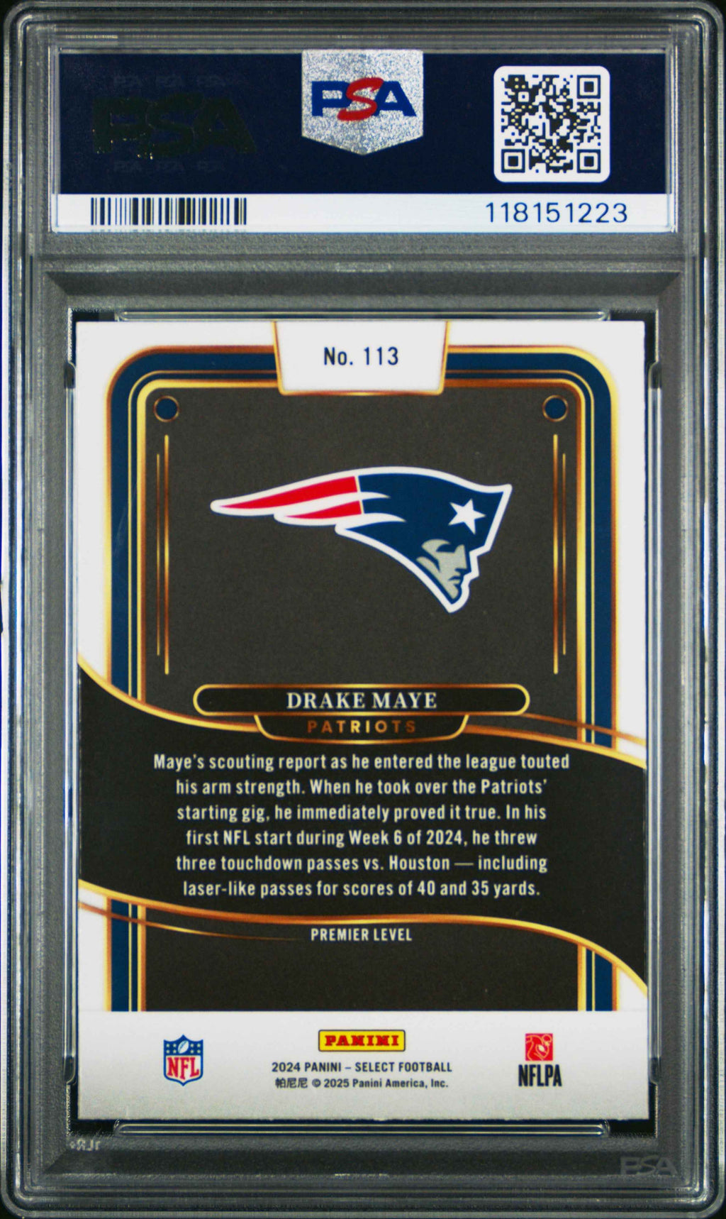 Graded 2024 Panini Select Drake Maye #113 Rookie RC Football Card PSA 10 Gem Mint
