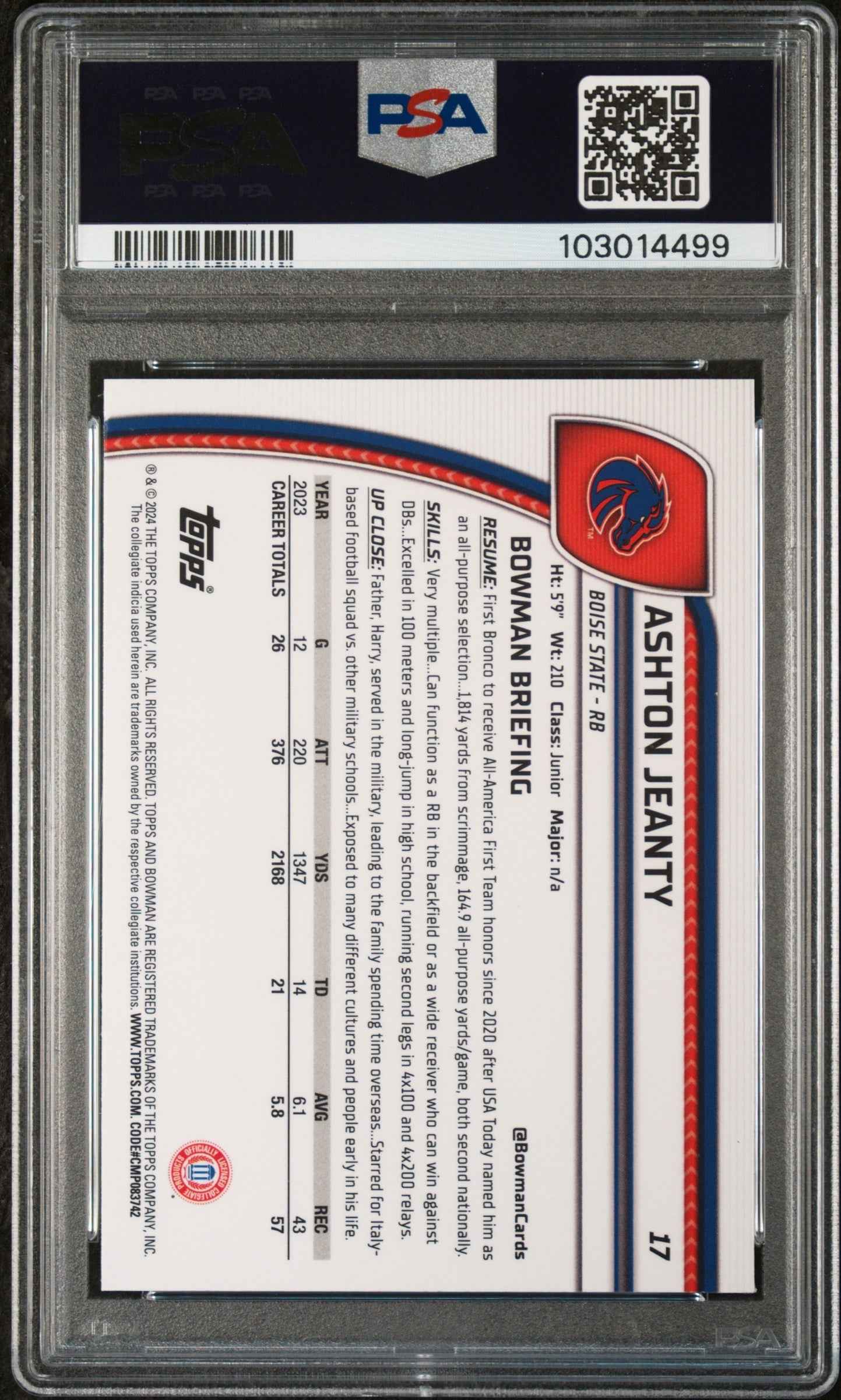 Graded 2024 Topps Bowman U Chrome Ashton Jeanty #17 Rookie RC Football Card PSA 10 Gem Mint
