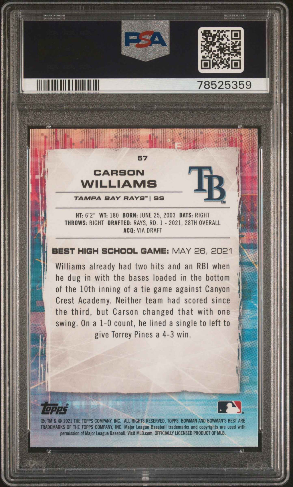 Graded 2021 Topps Bowmans Best Carson Williams #57 Atomic Refractor Rookie RC Baseball Card PSA 10 Gem Mint
