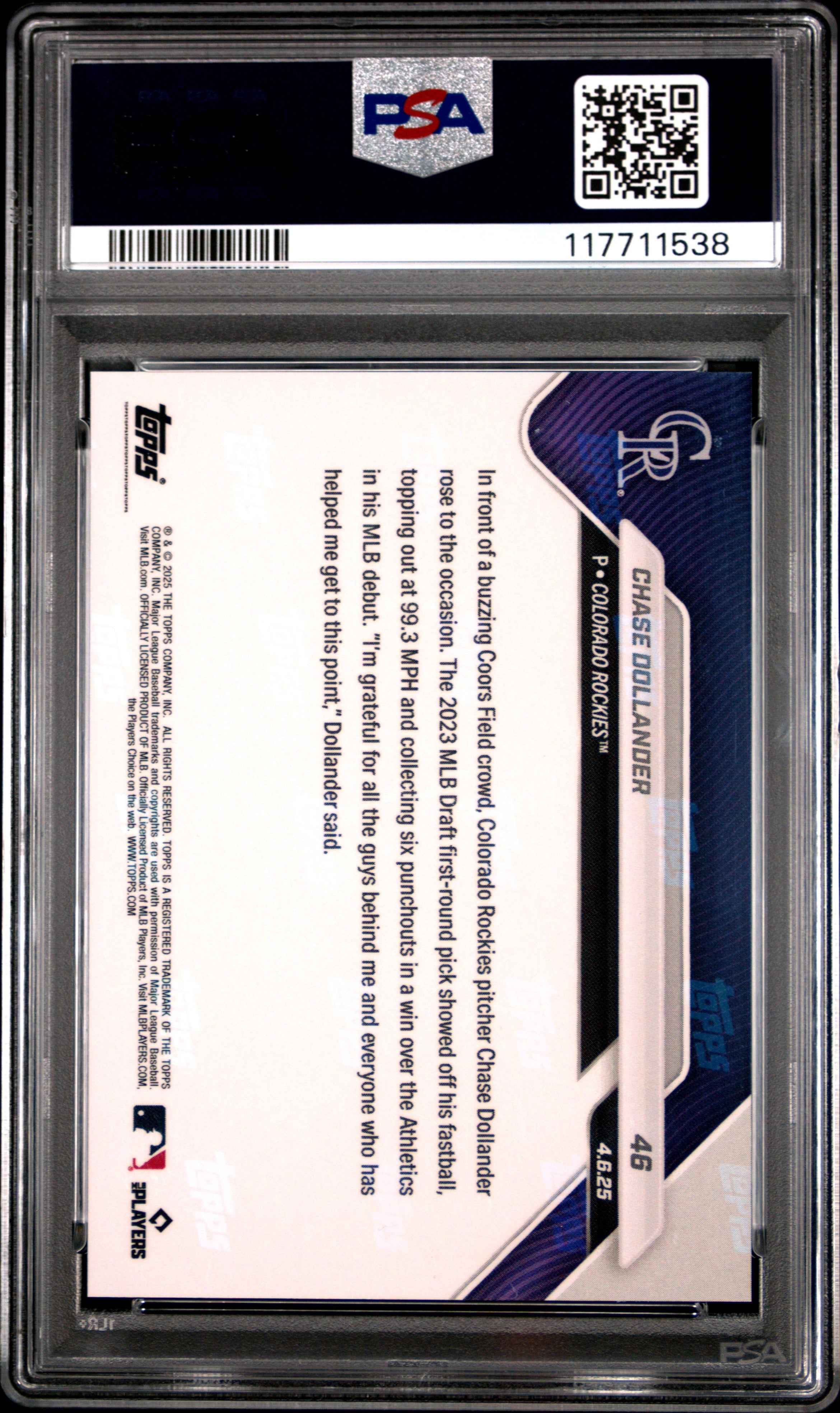 Graded 2025 Topps Now Chase Dollander #46 Rookie RC Baseball Card PSA 9 Mint