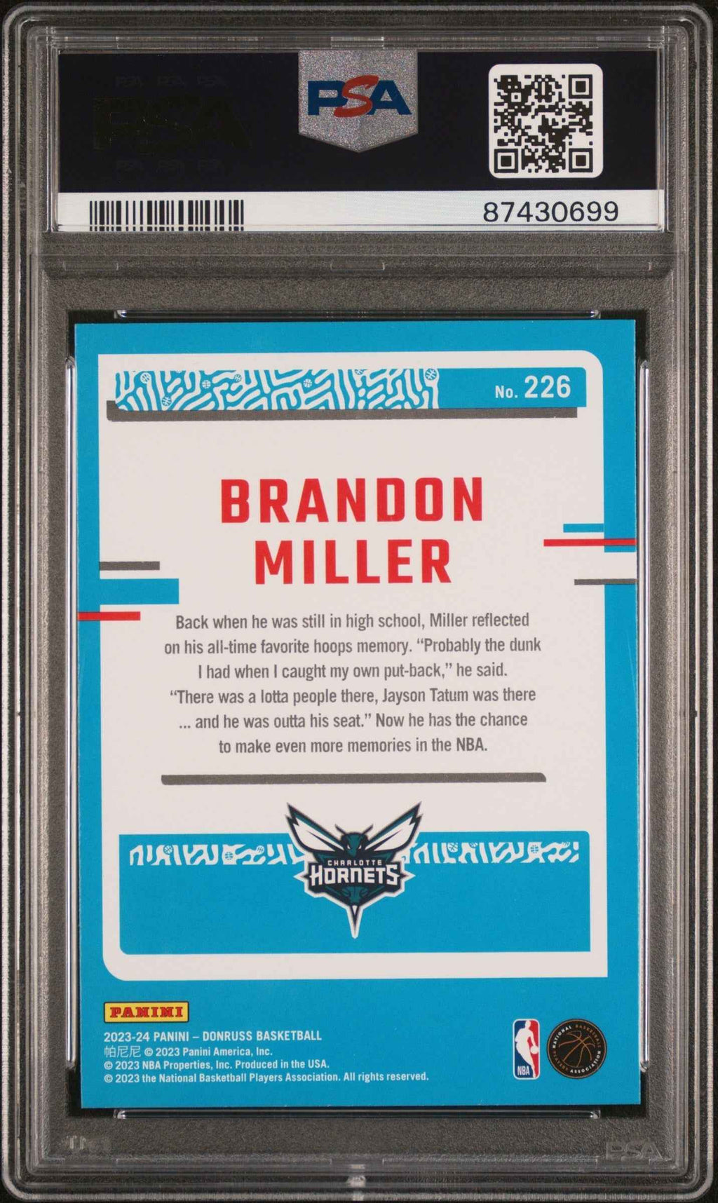 Graded 2023 Panini Donruss Brandon Miller #226 Rookie RC Basketball Card PSA 10 Gem Mint