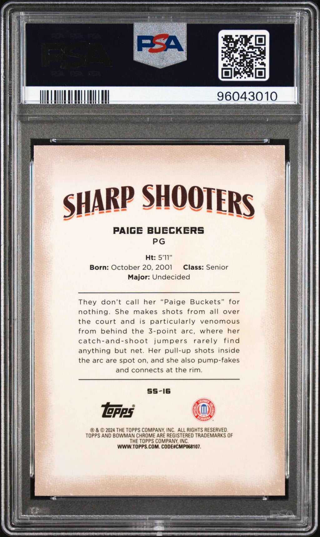Graded 2023 Topps Bowman U Chrome Paige Bueckers #SS16 Sharp Shooters Rookie RC Basketball Card PSA 10 Gem Mint