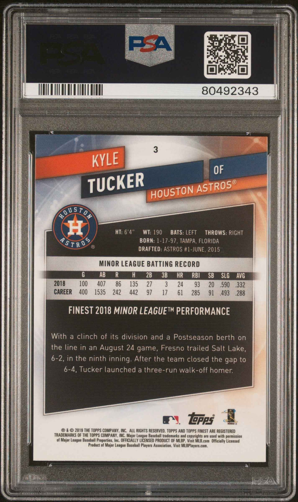 Graded 2019 Topps Finest Kyle Tucker #3 Rookie RC Baseball Card PSA 10 Gem Mint