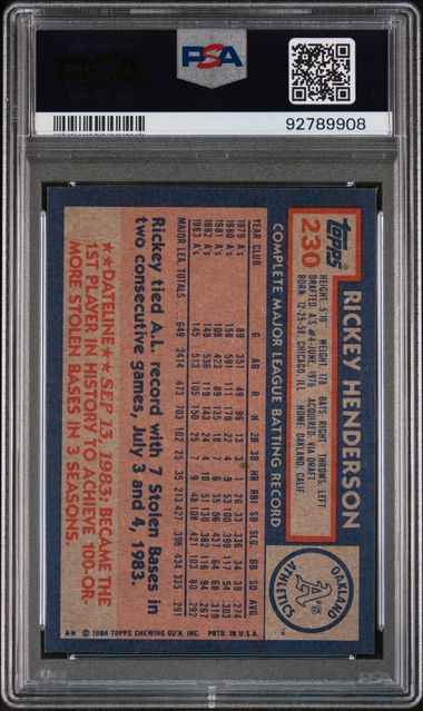 Graded 1984 Topps Rickey Henderson #230 Baseball Card PSA 9 Mint