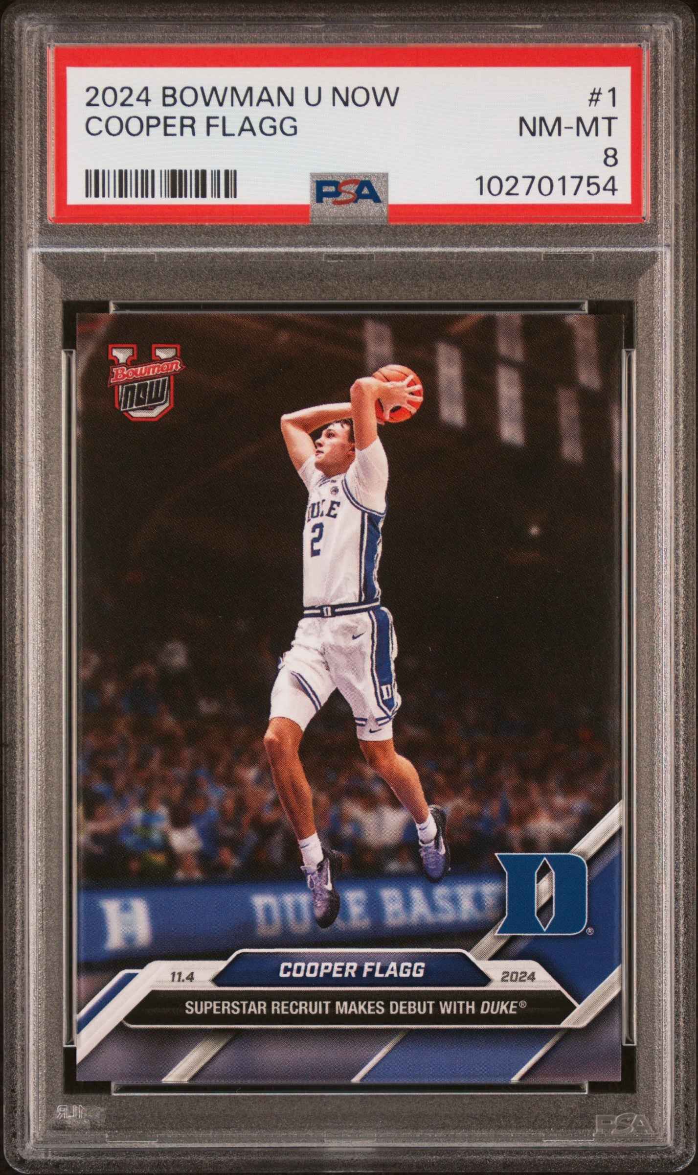 Graded 2024 Topps Bowman U Now Cooper Flagg #1 NCAA Debut Rookie RC Basketball Card PSA 8 Near Mint