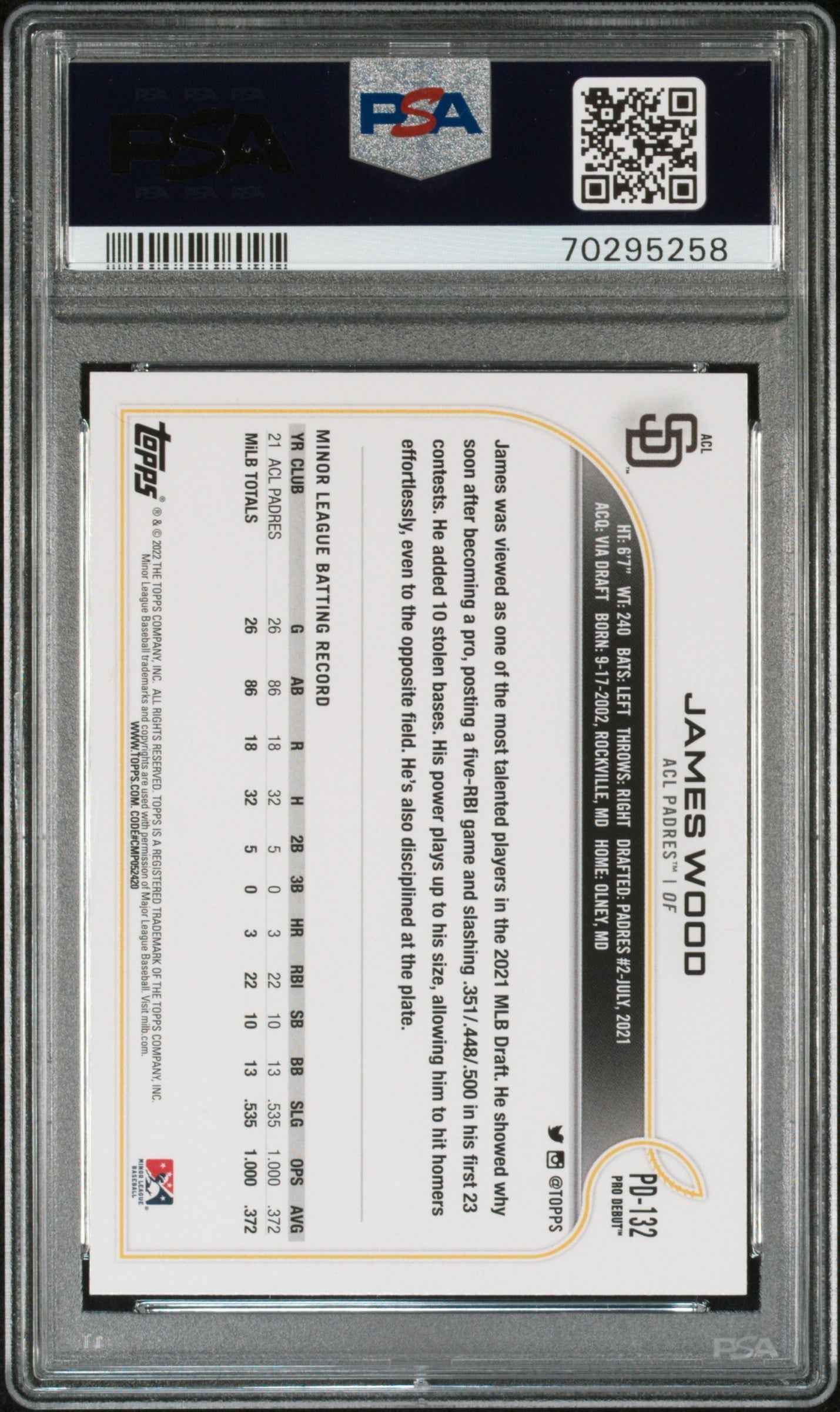 Graded 2022 Topps Pro Debut James Wood #PD132 Rookie RC Baseball Card PSA 10 Gem Mint