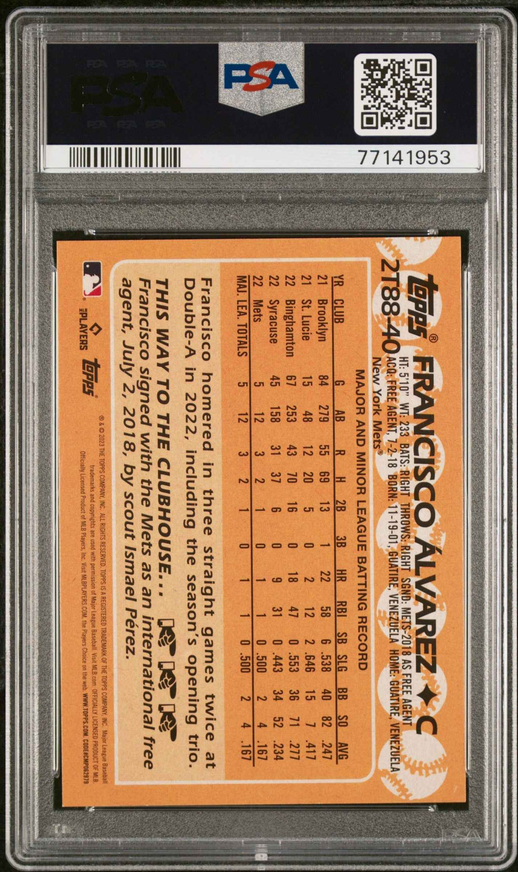 Graded 2023 Topps Francisco Alvarez #2T8840 1988 Topps Rookie RC Baseball Card PSA 10 Gem Mint