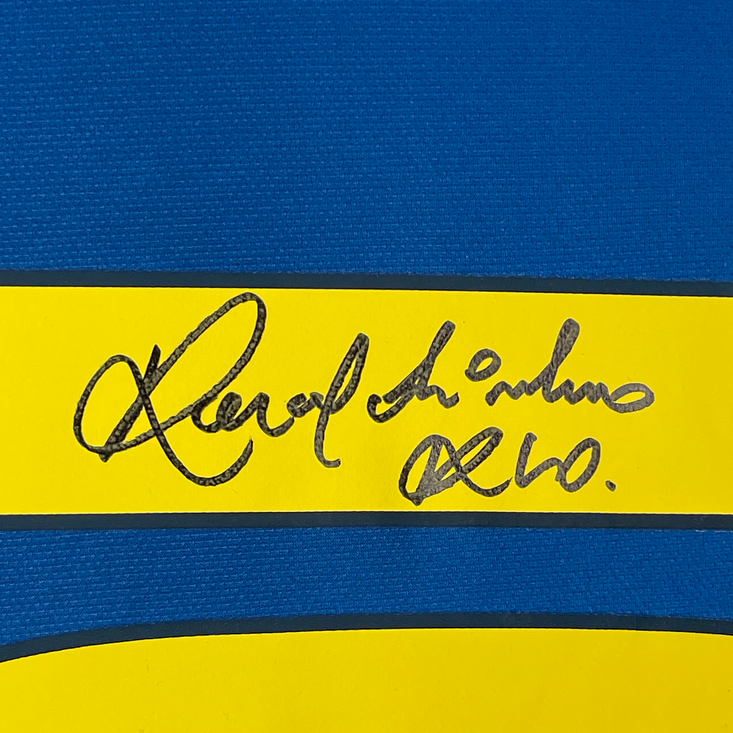 Framed Autographed/Signed Ronaldinho 35x39 FC Barcelona Red/Blue Soccer Futbol Jersey Beckett BAS COA