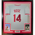 Framed Autographed/Signed Pete Rose 35x39 Cincinnati Grey Baseball Jersey JSA COA