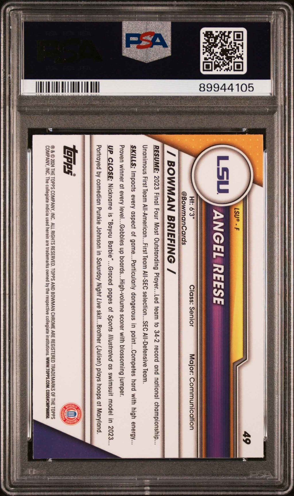 Graded 2023 Topps Bowman U Chrome Angel Reese #49 Pink Rookie RC Basketball Card PSA 10 Gem Mint