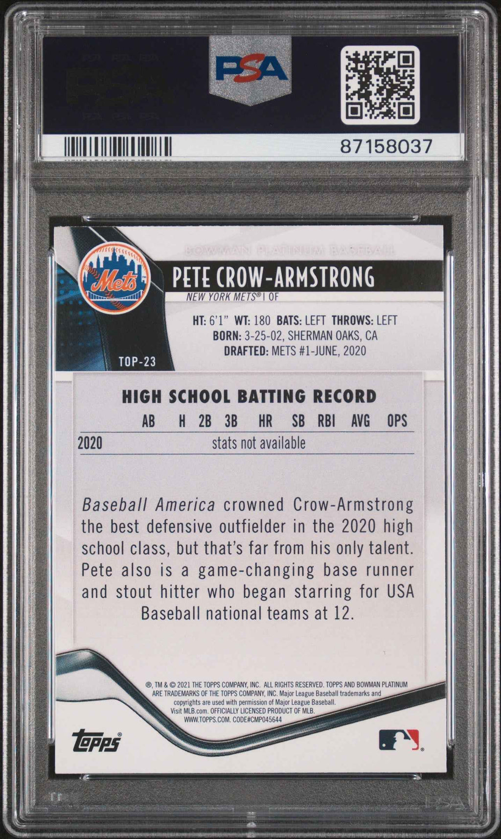 Graded 2021 Topps Bowman Platinum Pete Crow Armstrong #TOP23 Top Prospects Ice Foil Baseball Card PSA 10 Gem Mint