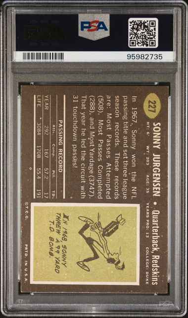 Graded 1969 Topps Sonny Jurgensen #227 Football Card PSA 4 VG-EX