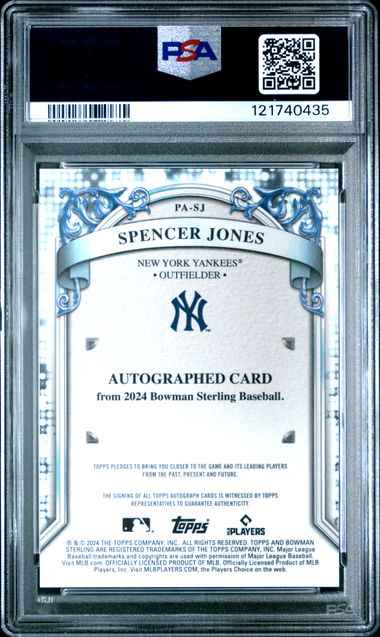 Graded 2024 Topps Bowman Sterling Spencer Jones #PASJ Prospect Autograph Rookie RC Baseball Card PSA 10 Gem Mint