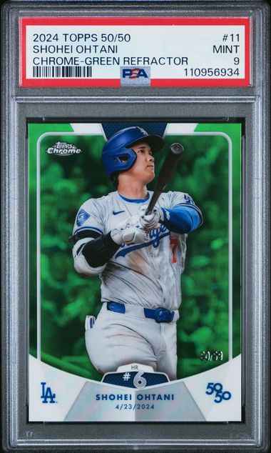 Graded 2024 Topps 50/50 Shohei Ohtani #11 /99 Chrome Green Refractor Baseball Card PSA 9 Mint