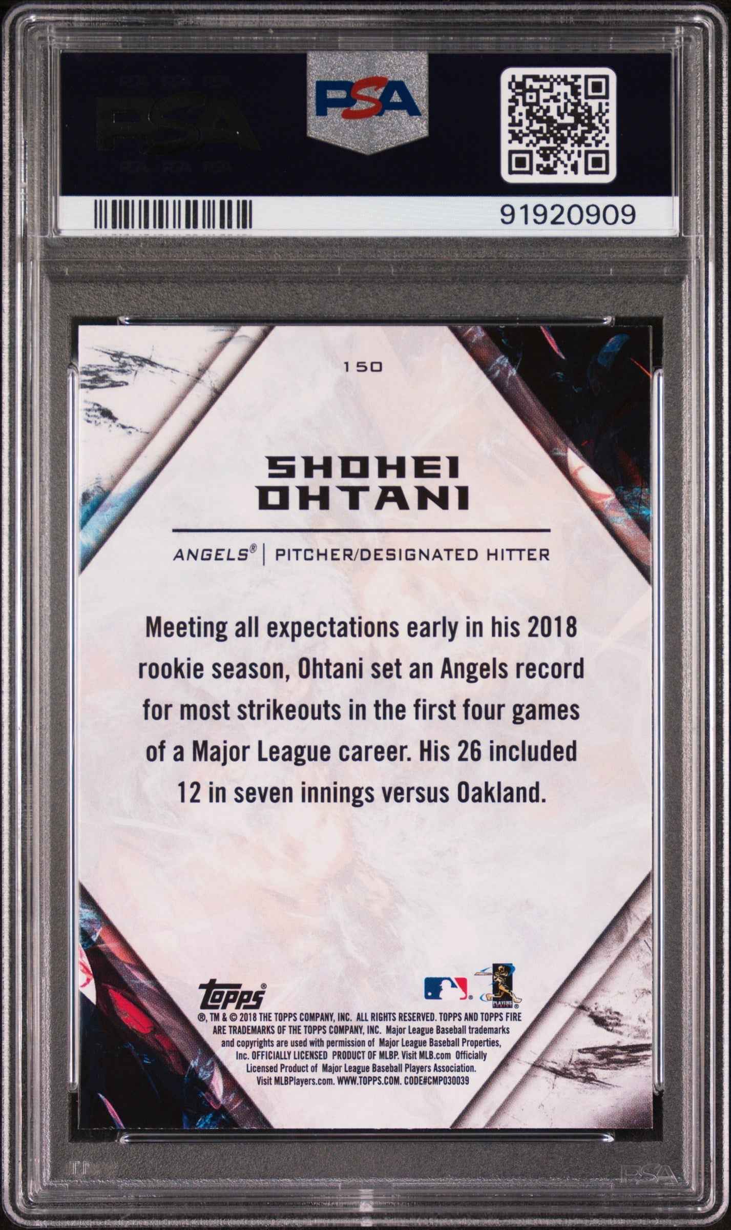 Graded 2018 Topps Fire Shohei Ohtani #150 Rookie RC Baseball Card PSA 10 Gem Mint