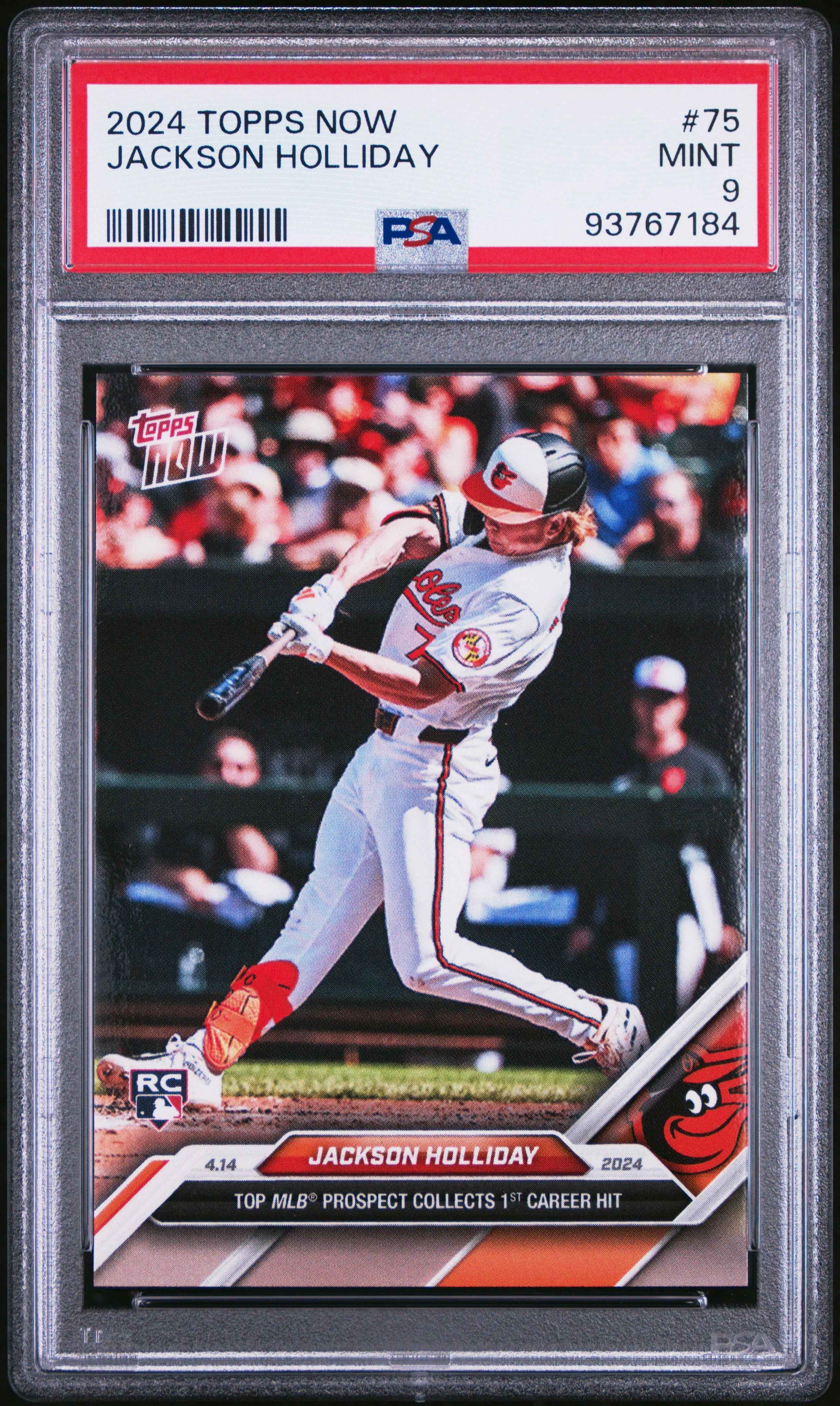 Graded 2024 Topps Now Jackson Holliday #75 1st Career Hit Rookie RC Baseball Card PSA 9 Mint