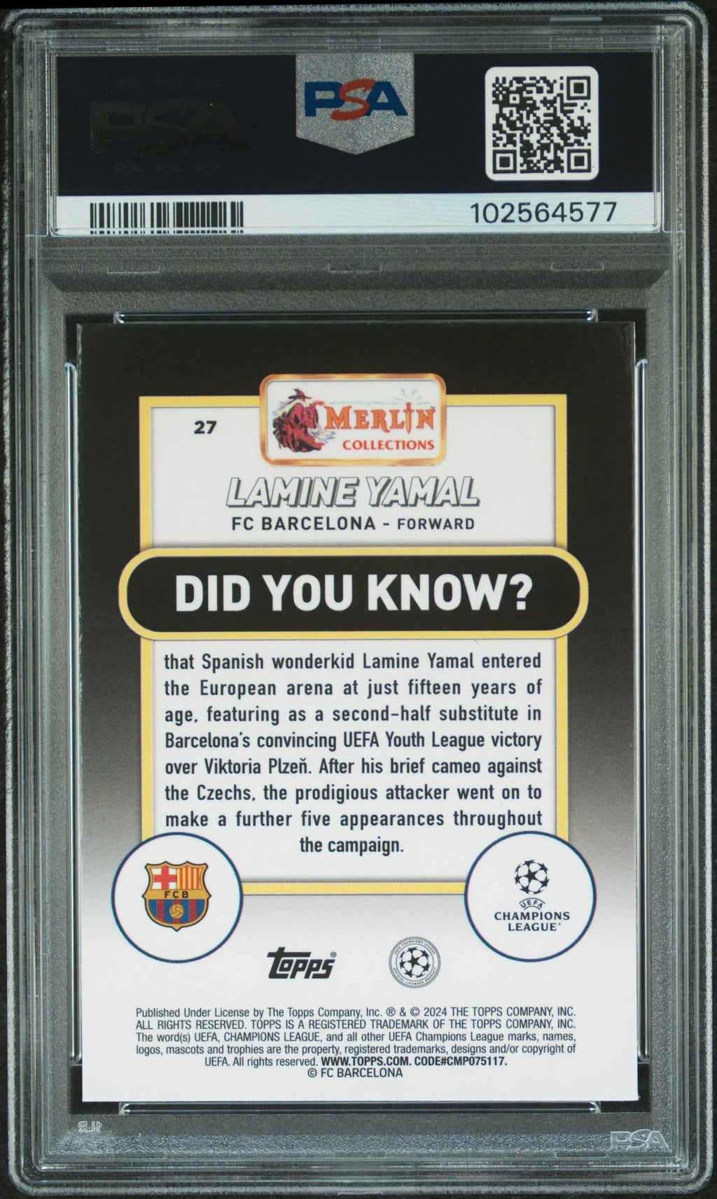 Graded 2023 Topps Merlin UCC Lamine Yamal #27 Rookie RC Soccer Card PSA 10 Gem Mint
