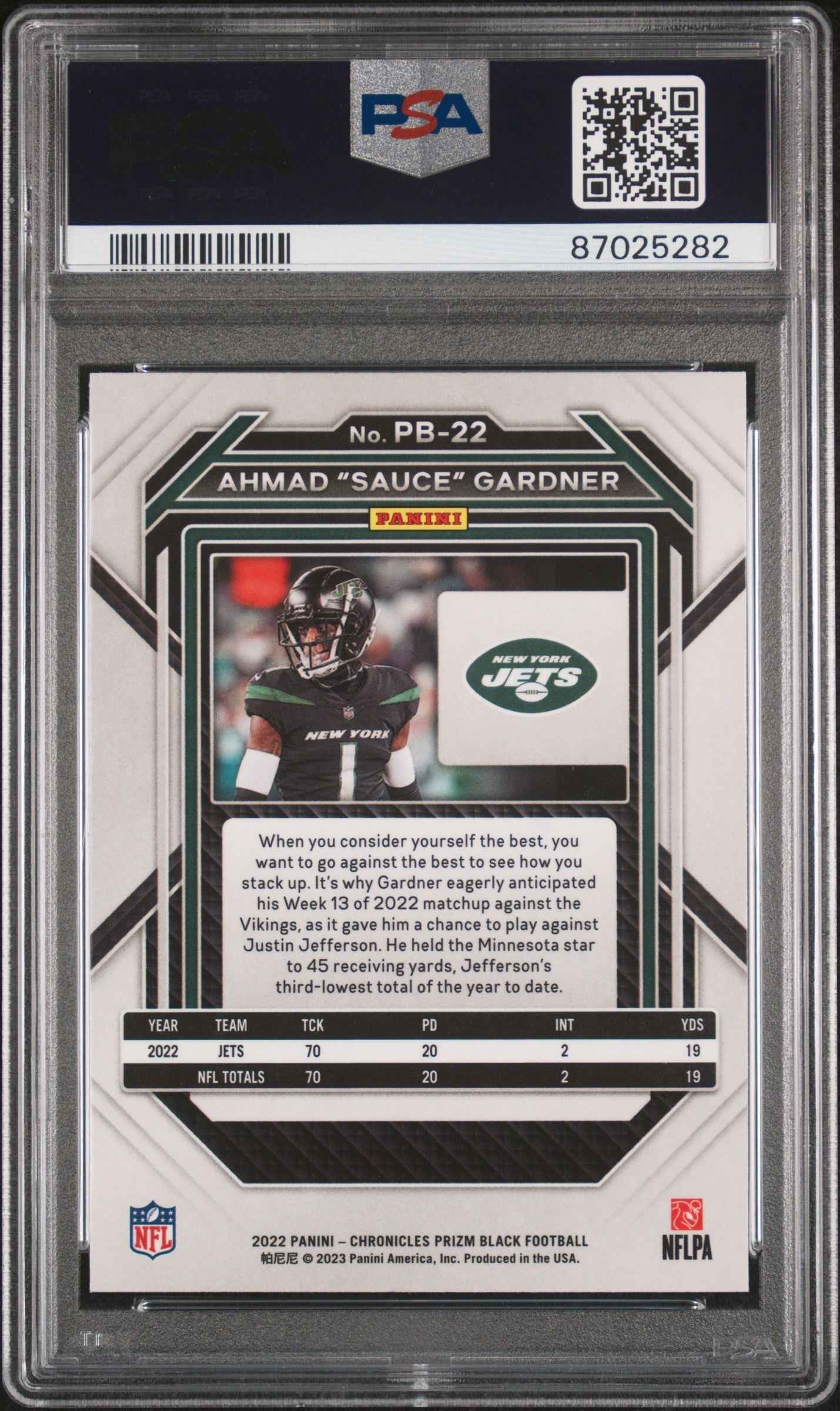 Graded 2022 Panini Chronicles Ahmad Sauce Gardner #PB22 Prizm Black Rookie RC Football Card PSA 10 Gem Mint
