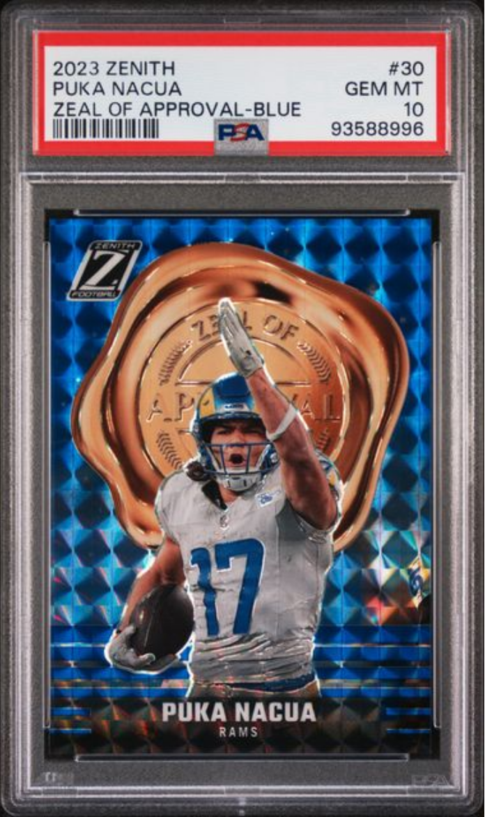 Graded 2023 Panini Zenith Puka Nacua #30 Zeal of Approval Blue Rookie RC Football Card PSA 10 Gem Mint