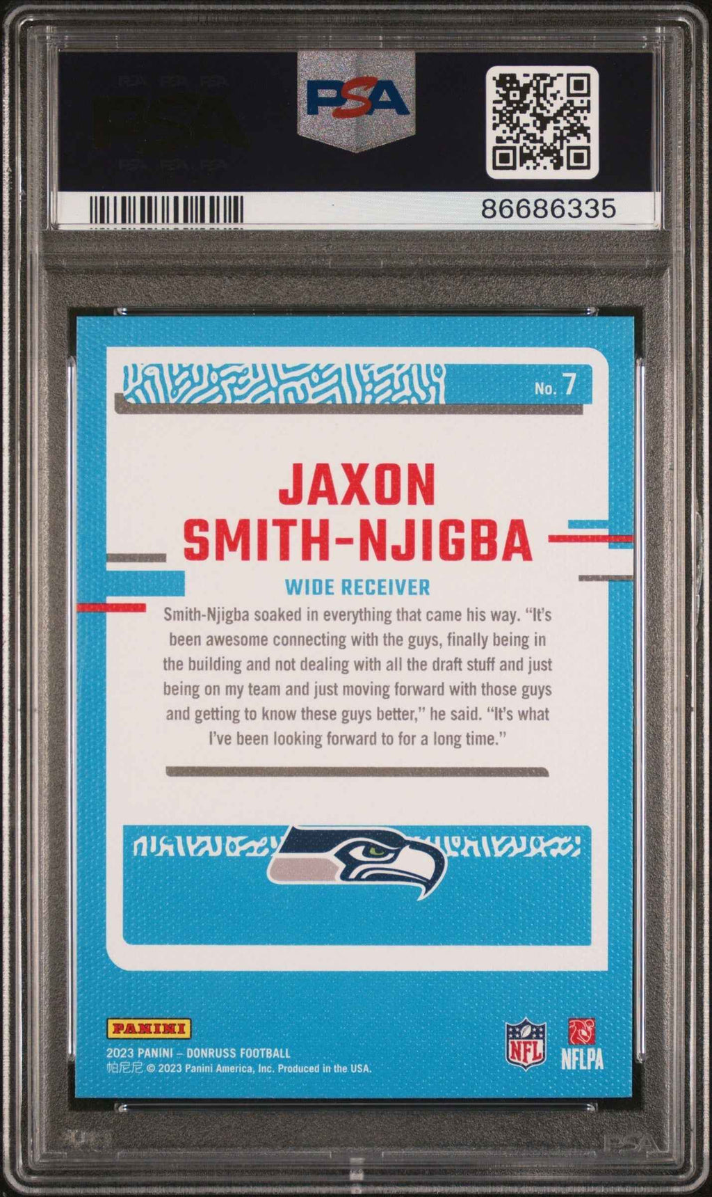 Graded 2023 Panini Donruss Jaxon Smith-Njigba #7 Rated Rookies Portrait Rookie RC Football Card PSA 10 Gem Mint