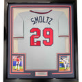 Framed Autographed/Signed John Smoltz 35x39 Atlanta Grey Baseball Jersey JSA COA