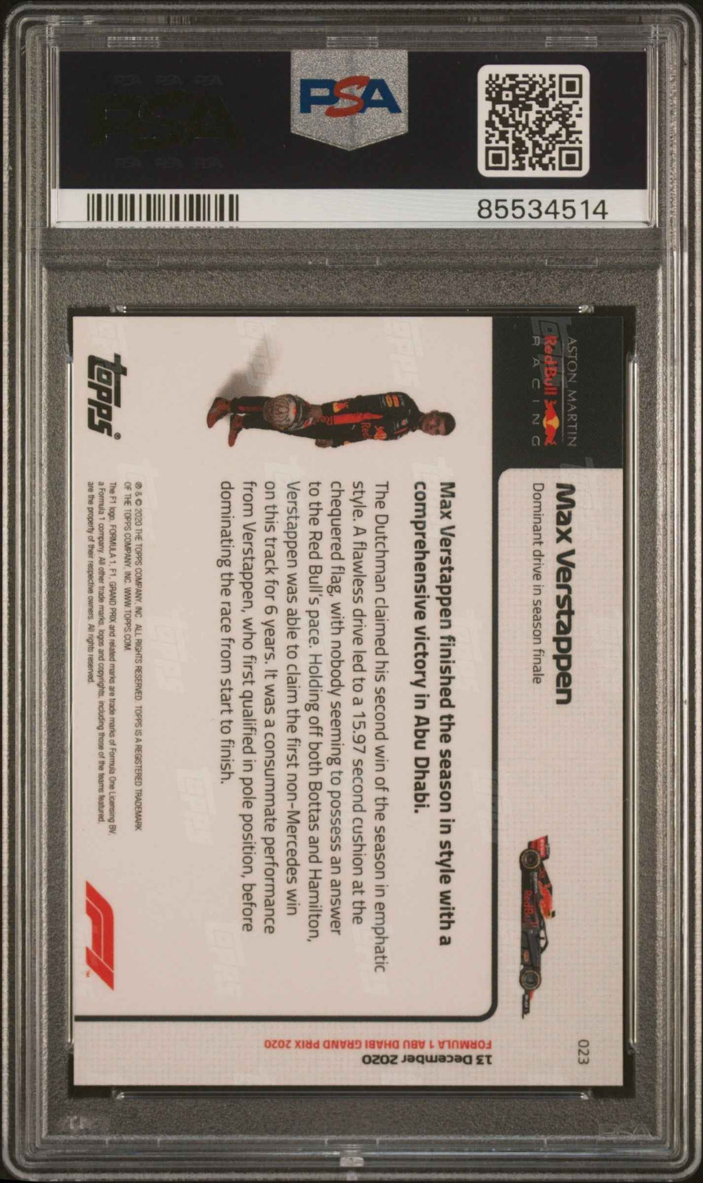 Graded 2020 Topps Now Max Verstappen #23 Formula 1 F1 Racing Card PSA 10 Gem Mint