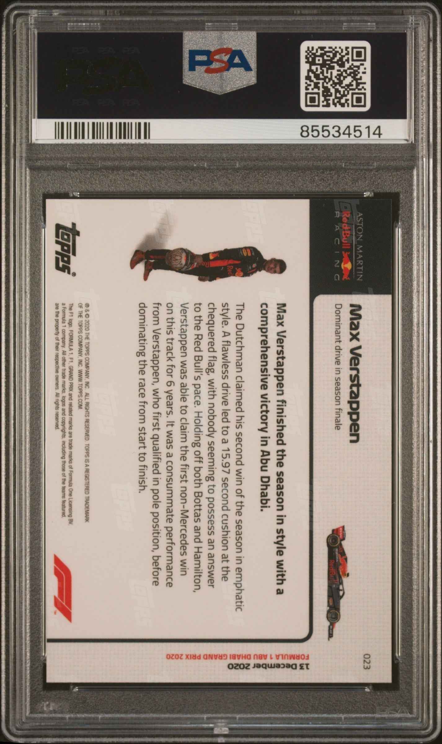 Graded 2020 Topps Now Max Verstappen #23 Formula 1 F1 Racing Card PSA 10 Gem Mint