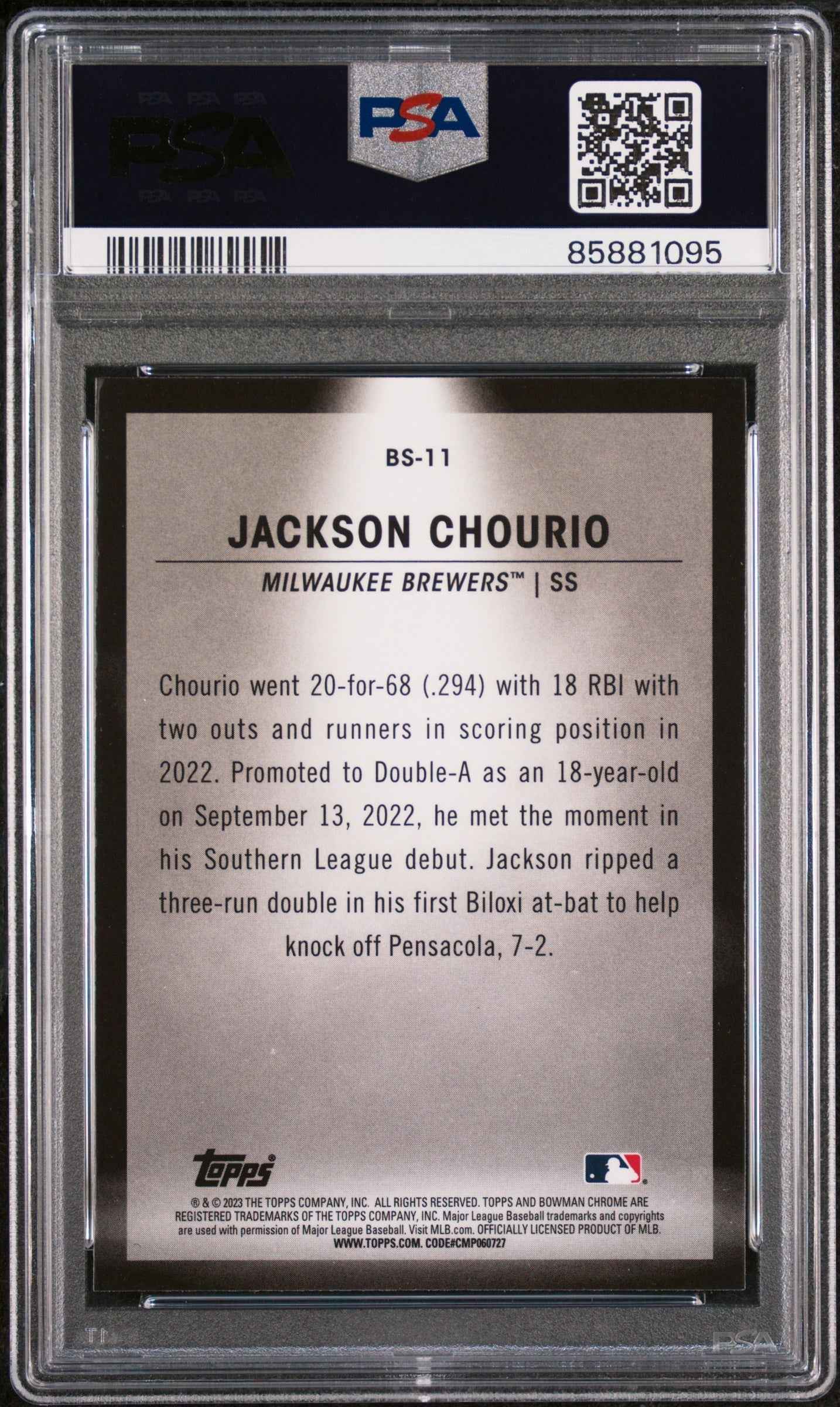 Graded 2023 Topps Bowman Jackson Chourio #BS11 Spotlights Rookie RC Baseball Card PSA 10 Gem Mint