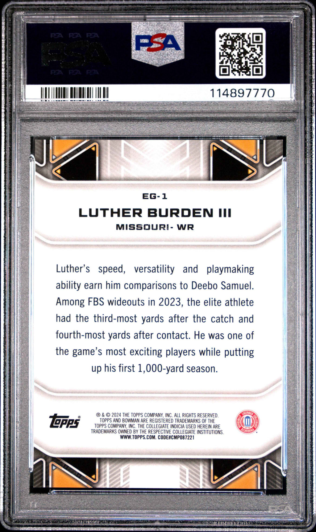 Graded 2024 Topps Bowman Best University Luther Burden III #EG1 Elements of the Game Geometric Refractor Rookie RC Football Card PSA 10 Gem Mint