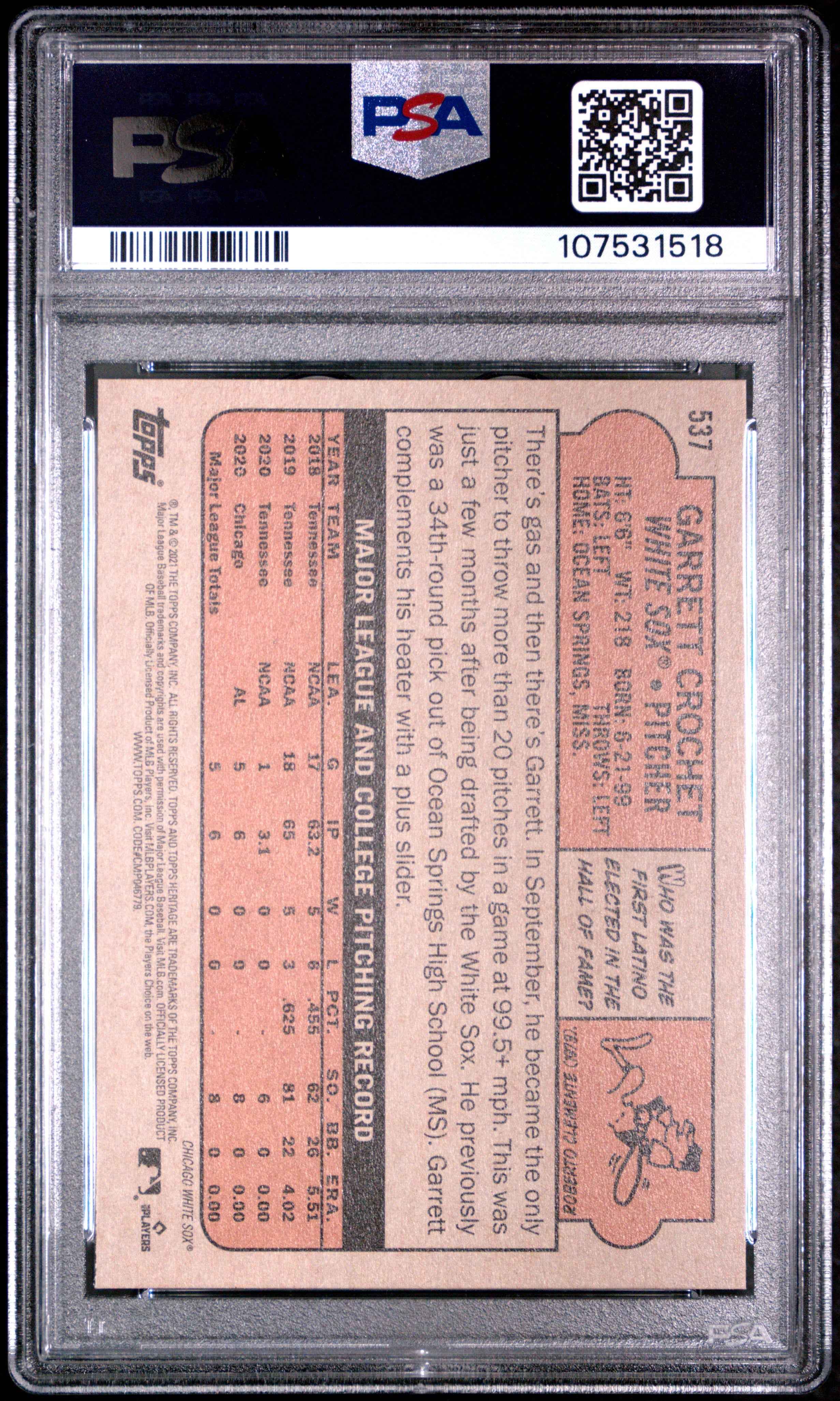 Graded 2021 Topps Heritage Garrett Crochet #537 Rookie RC Baseball Card PSA 10 Gem Mint