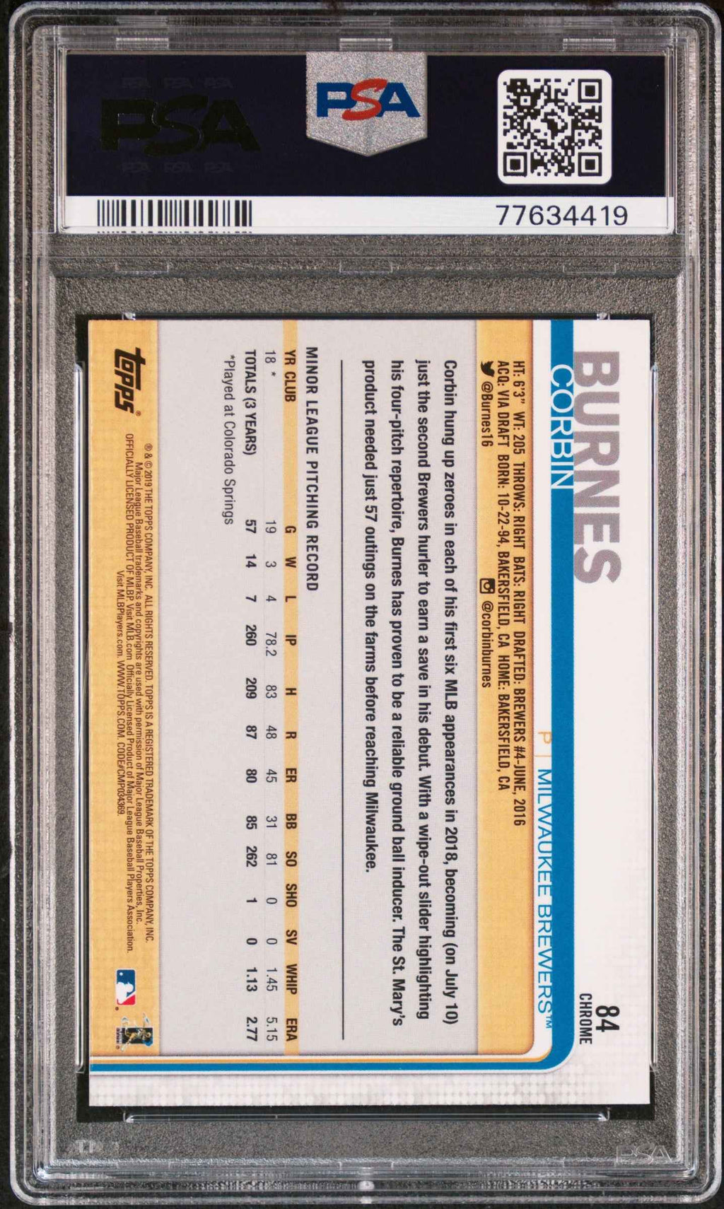Graded 2019 Topps Chrome Corbin Burnes #84 Rookie RC Baseball Card PSA 10 Gem Mint