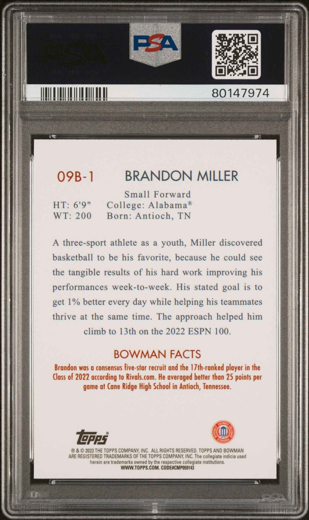 Graded 2022 Topps Bowman University Brandon Miller #09B1 2009 Bowman Rookie RC Basketball Card PSA 10 Gem Mint