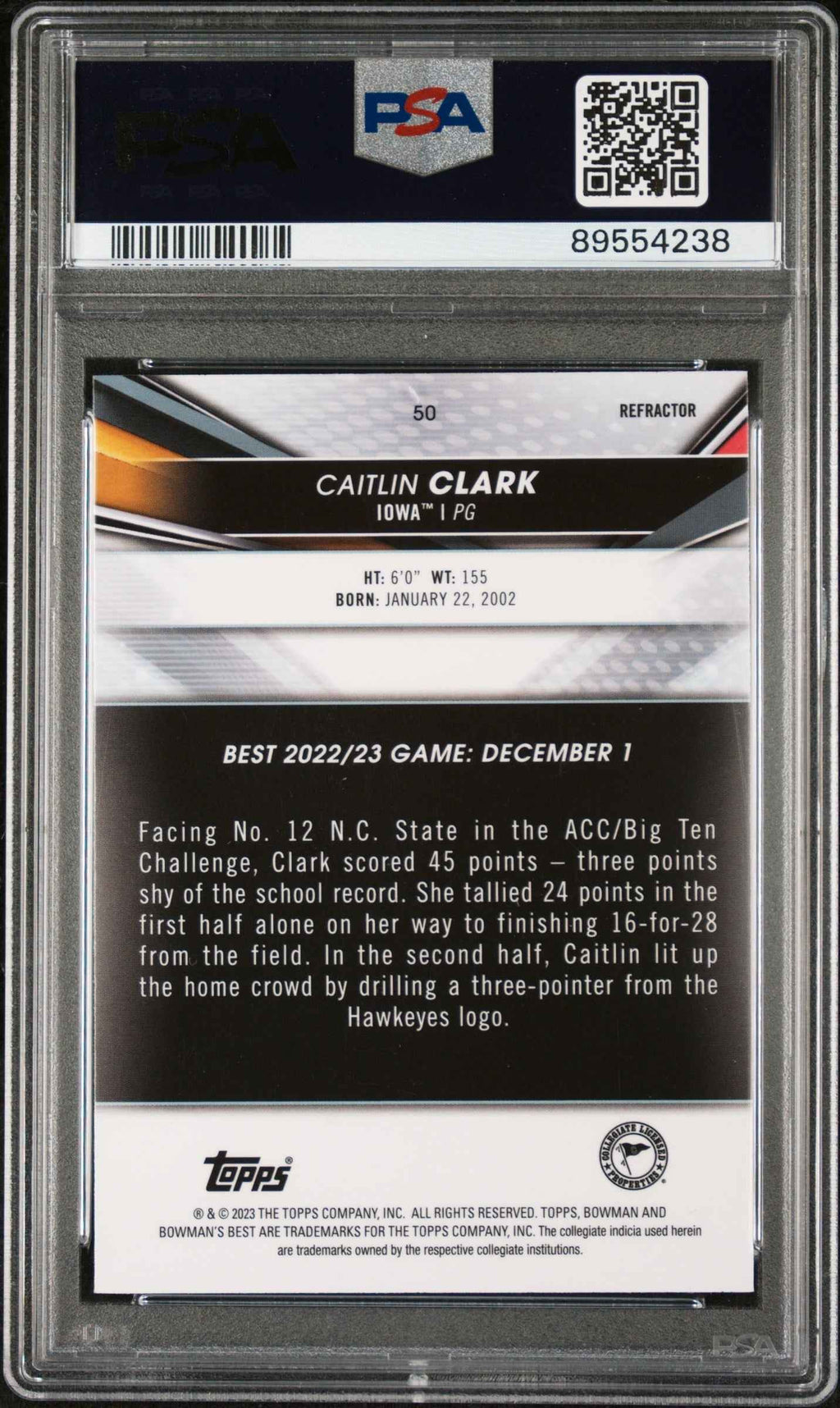 Graded 2022 Topps Bowman University Best Caitlin Clark #50 Refractor Rookie RC Basketball Card PSA 8 Near Mint