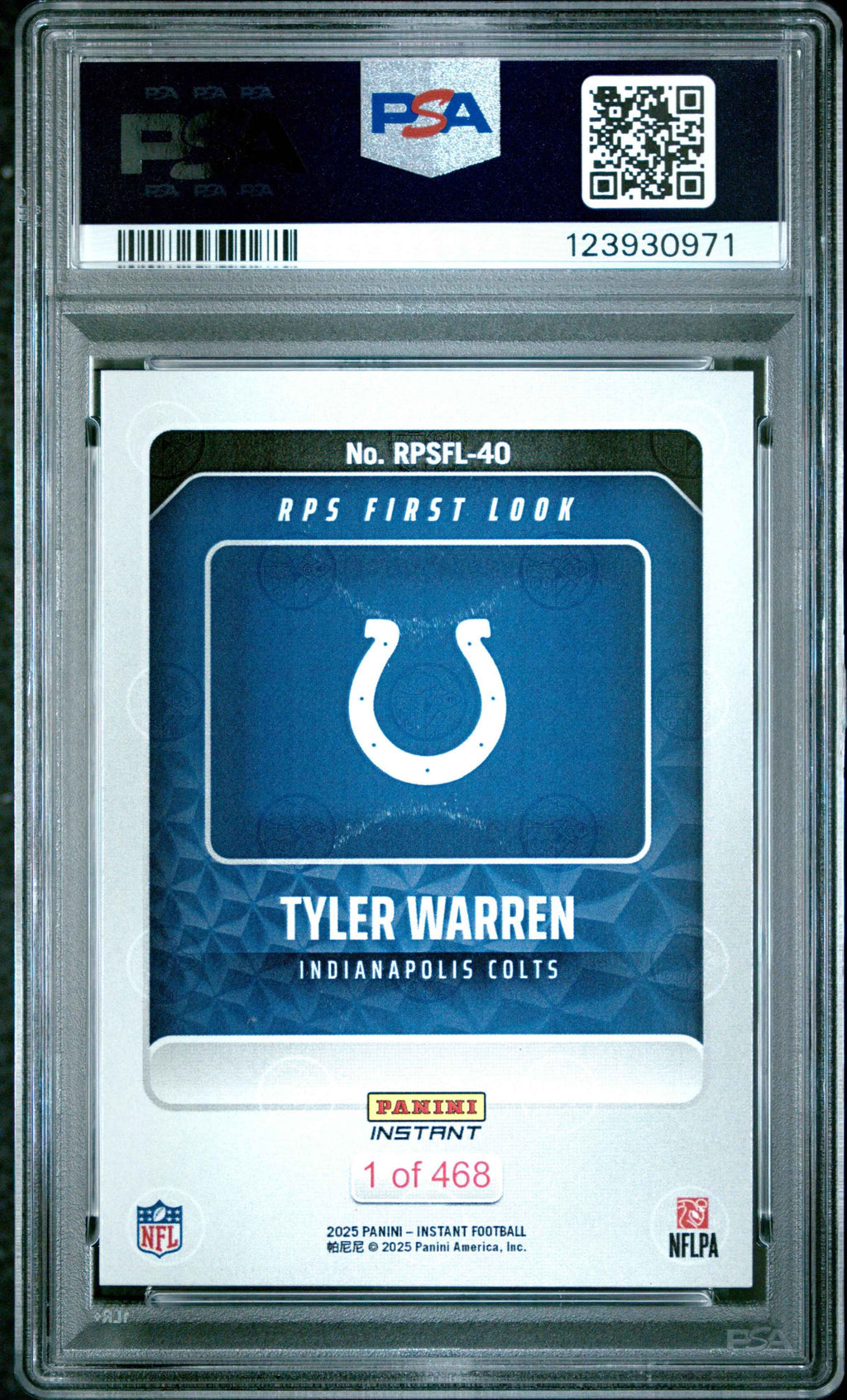 Graded 2025 Panini Instant Tyler Warren #RPSFL40 RPS First Look Rookie RC Football Card PSA 8 Near Mint