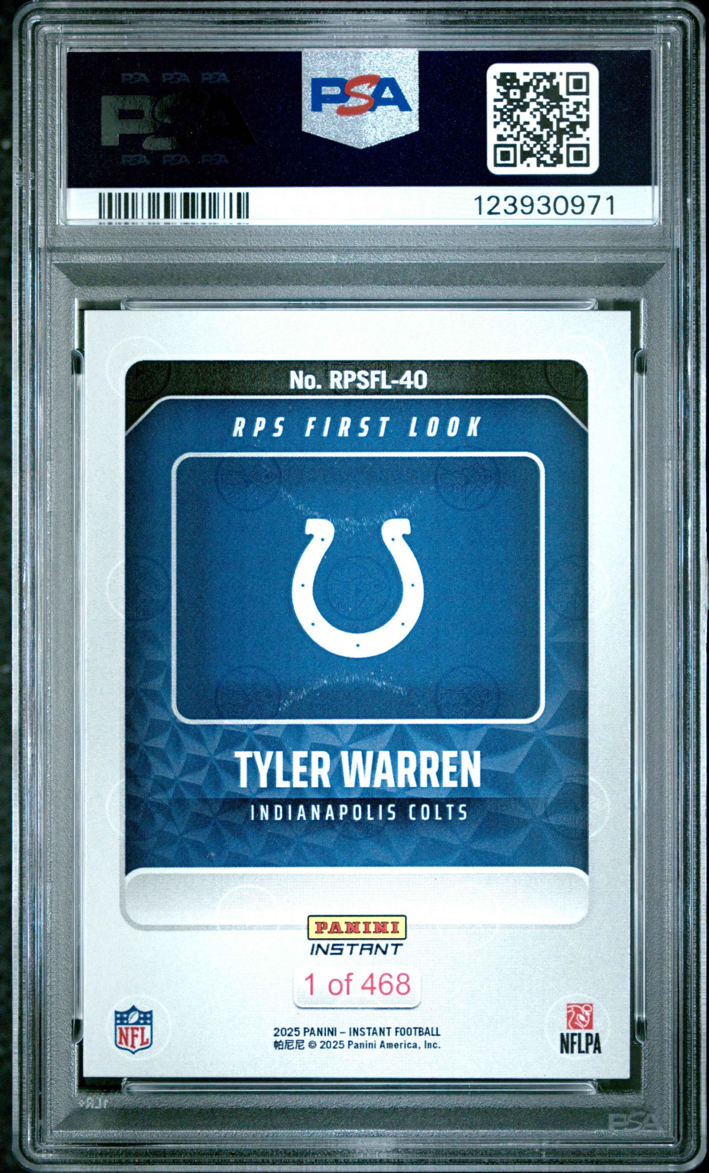 Graded 2025 Panini Instant Tyler Warren #RPSFL40 RPS First Look Rookie RC Football Card PSA 8 Near Mint