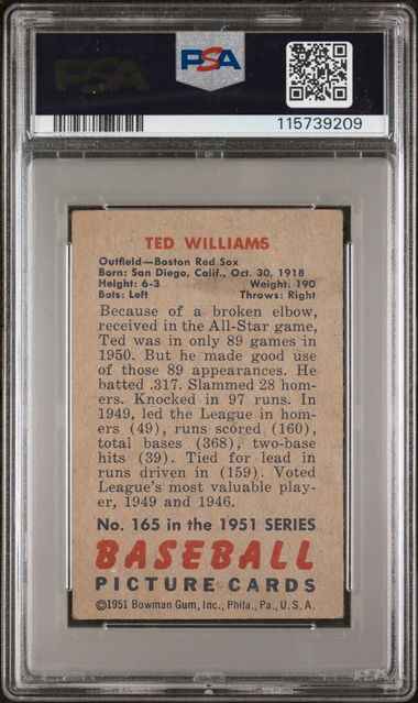 Graded 1951 Bowman Ted Williams #165 Baseball Card PSA 1