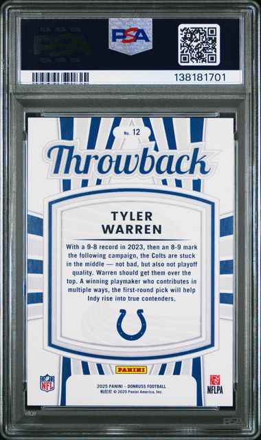 Graded 2025 Panini Donruss Tyler Warren #12 Rated Rookies Throwback Rookie RC Football Card PSA 10 Gem Mint
