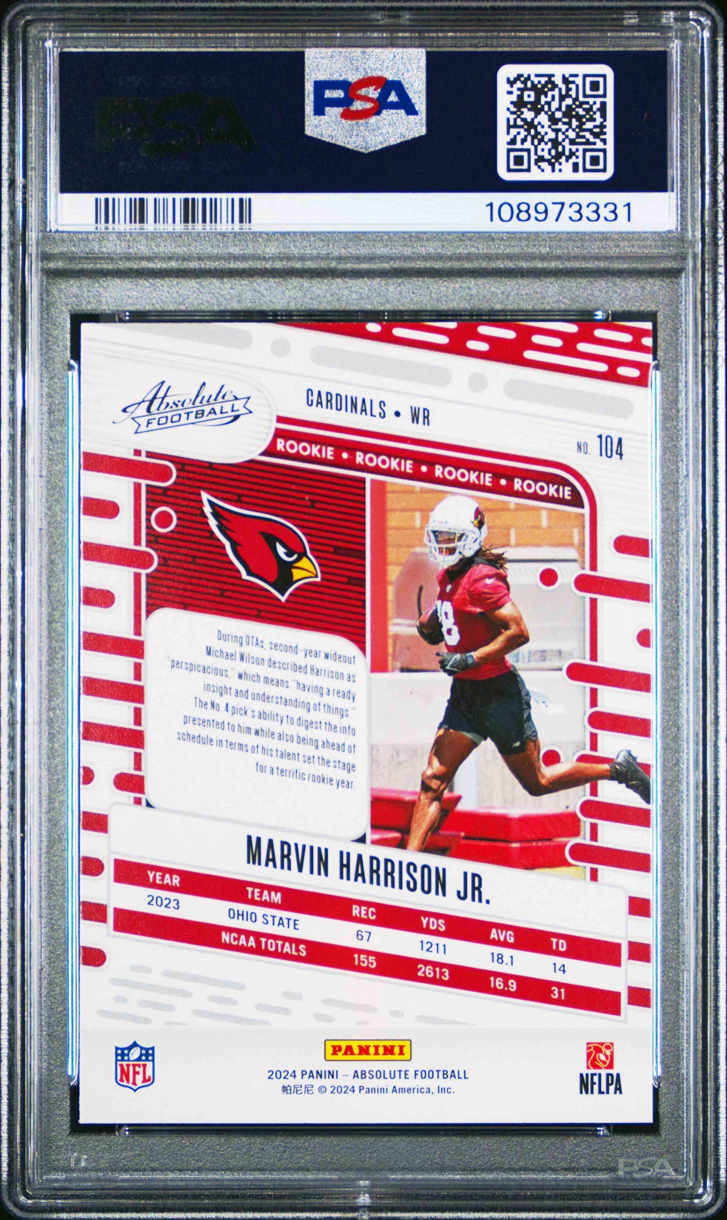 Graded 2024 Panini Absolute Marvin Harrison Jr #104 Rookie RC Football Card PSA 9 Mint