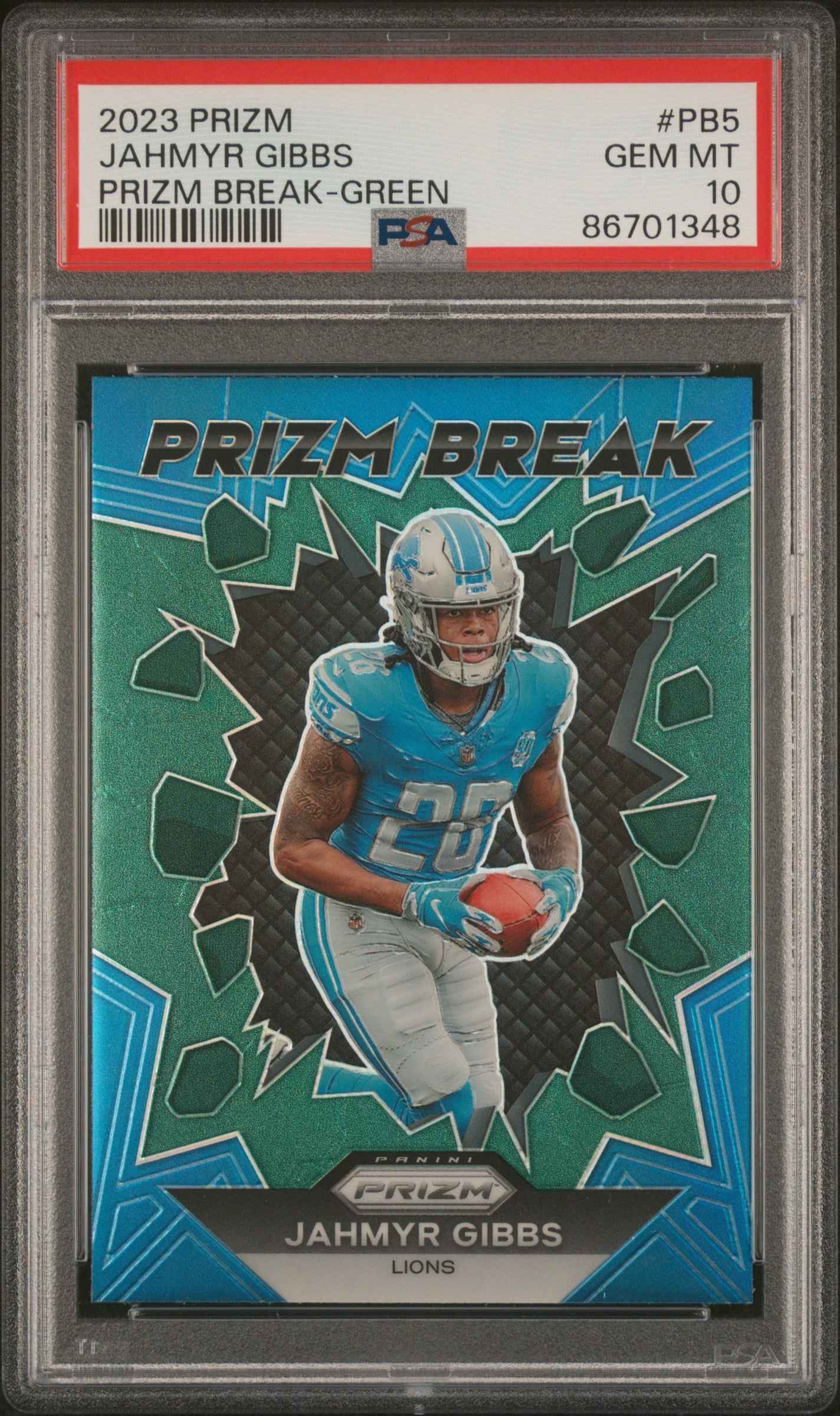 Graded 2023 Panini Prizm Jahmyr Gibbs #PB5 Prizm Break Green Rookie RC Football Card PSA 10 Gem Mint