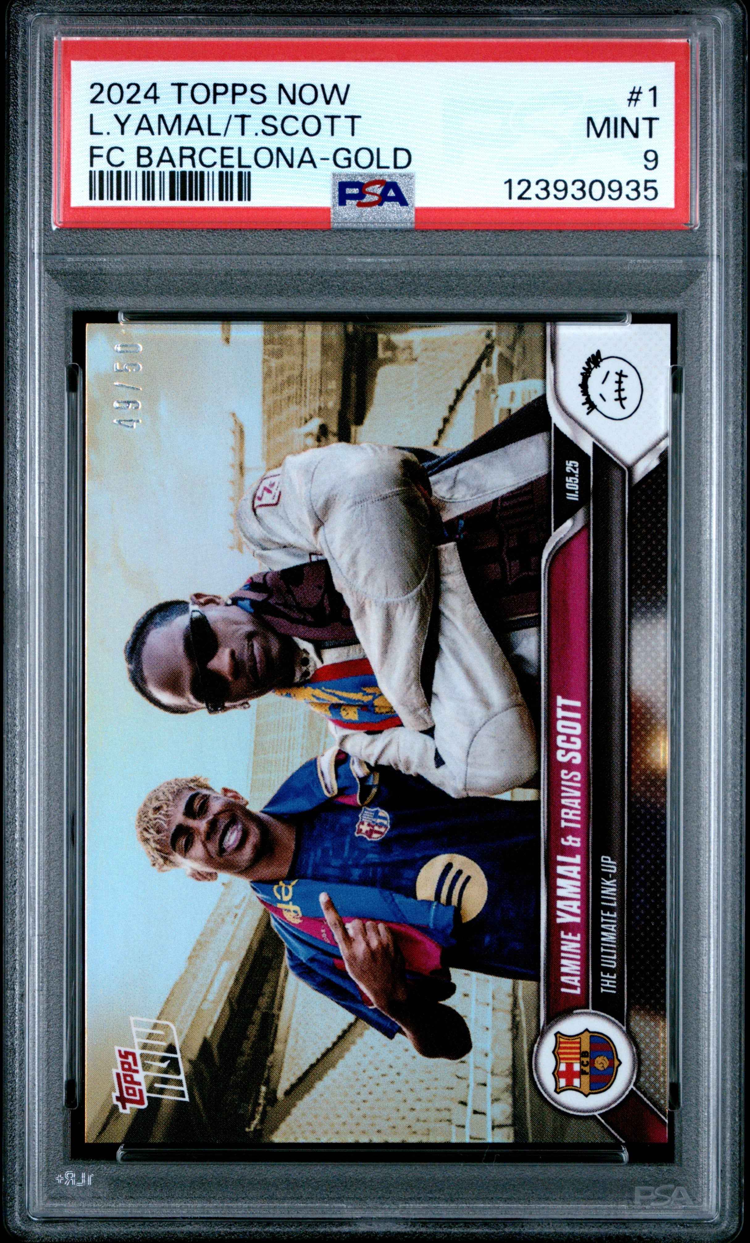 Graded 2024 Topps Now Lamine Yamal/Travis Scott #1 FC Barcelona Gold /50 Soccer Card PSA 9 Mint