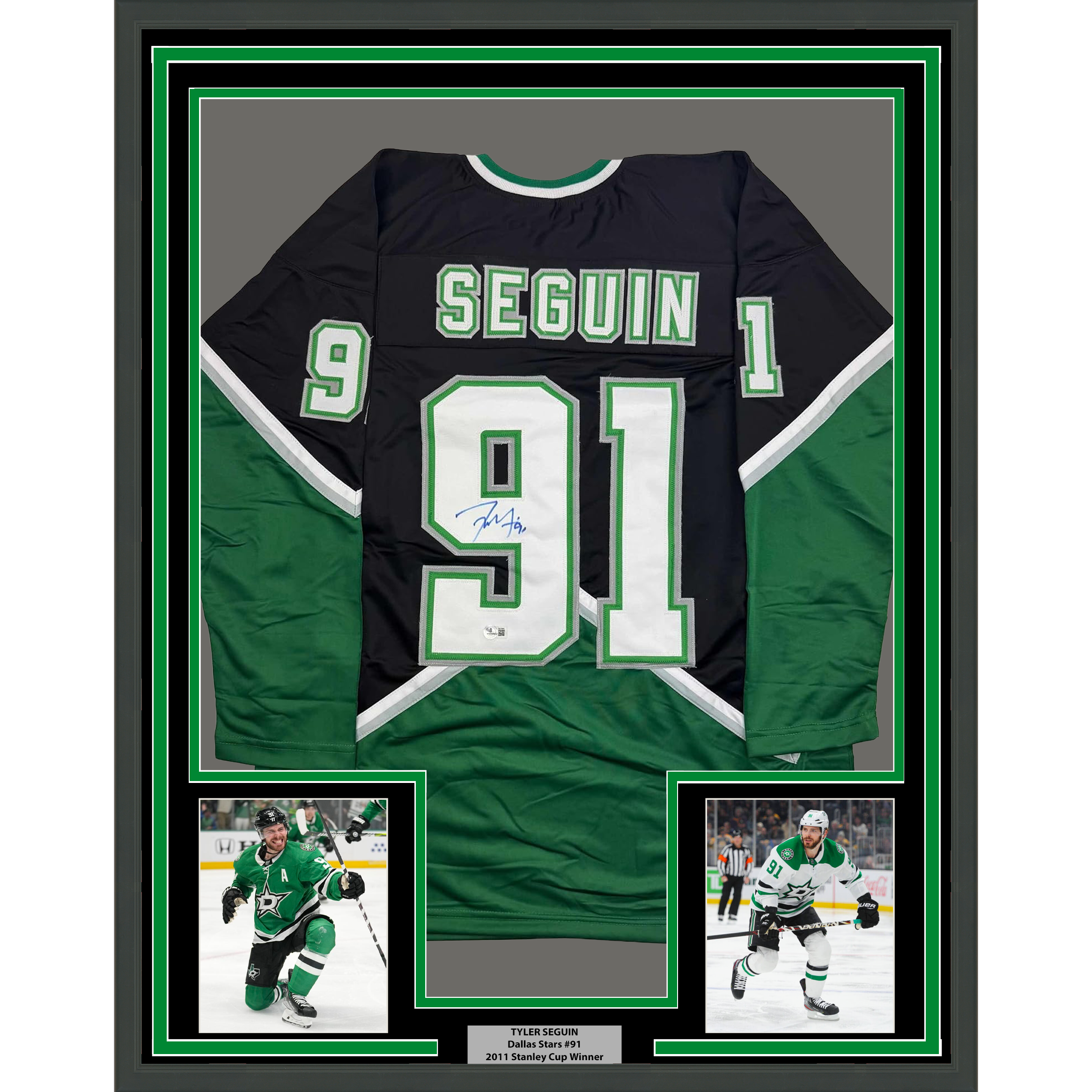 Framed Autographed/Signed Tyler Seguin 35x39 Dallas Black Hockey Jersey Beckett BAS COA